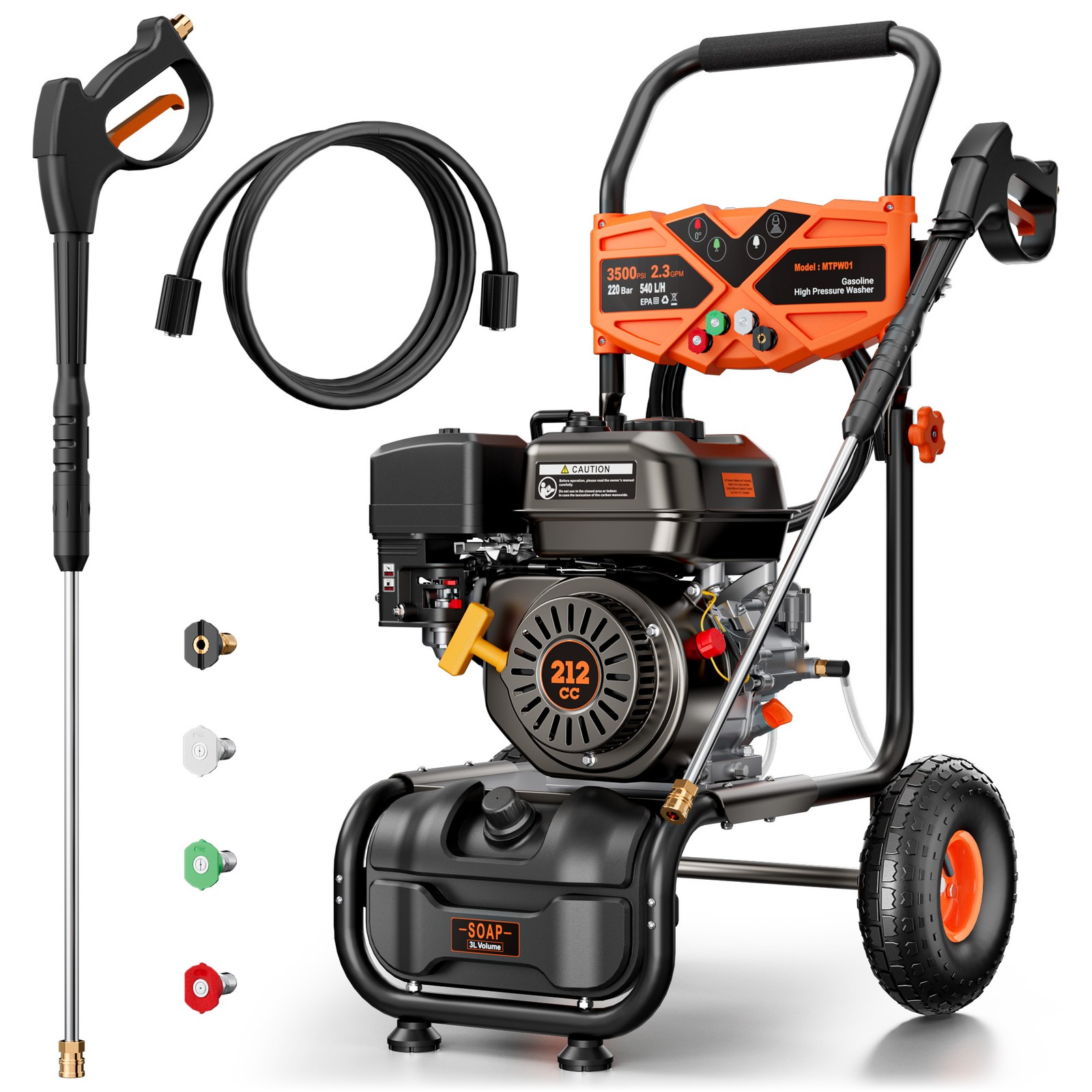 Mutaomay Gas Cold Water Pressure Washer 3500PSI 2.3GPM Soap Tank&25Fft Hose