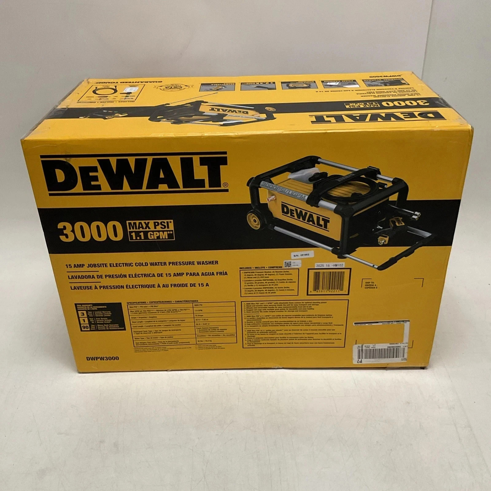 DeWalt DWPW3000 3000 PSI 1.1 GPM Electric Cold Water Pressure Washer Open Box