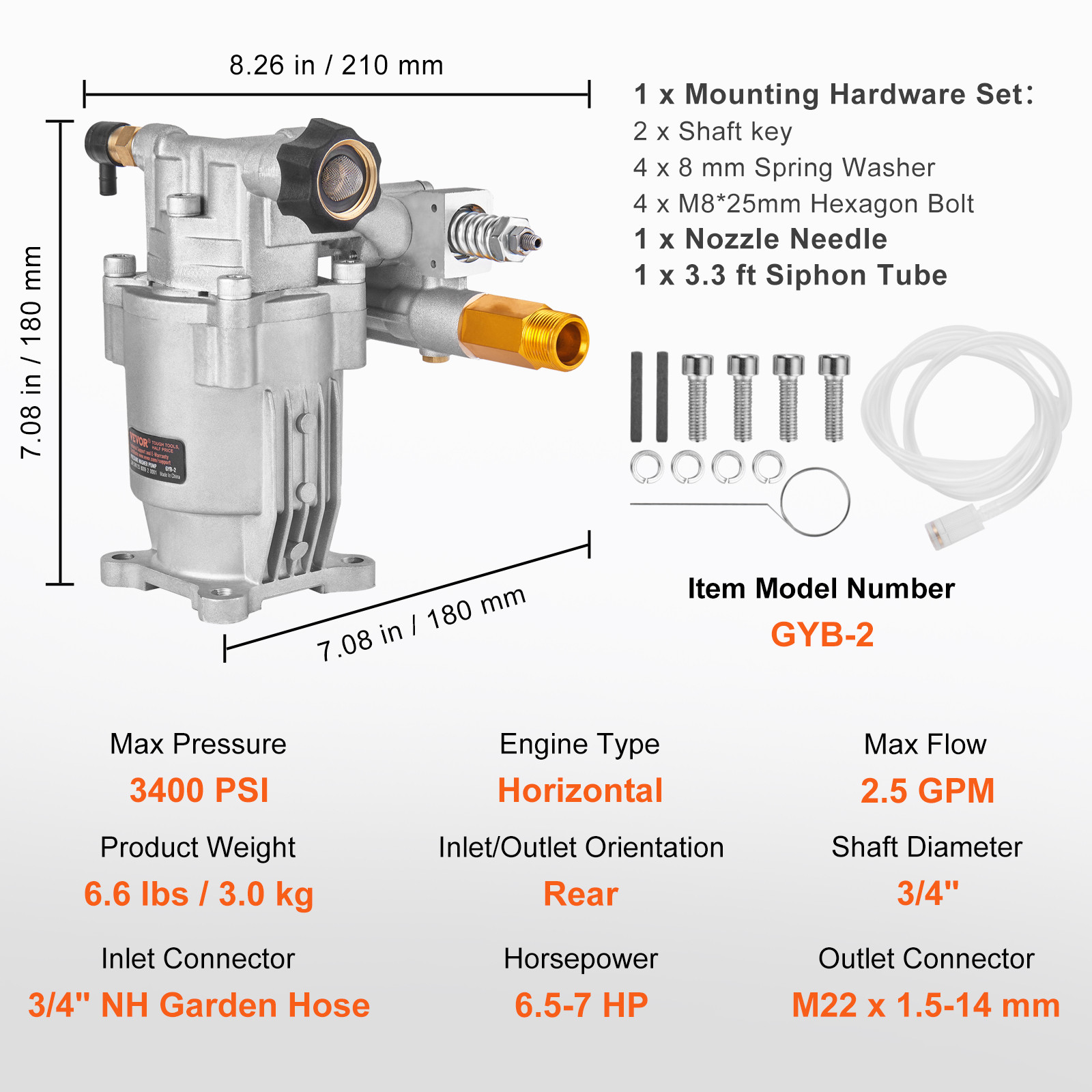 Pressure Washer Pump Power Washer Pump 3/4″ Horizontal 3400 PSI 2.5 GPM