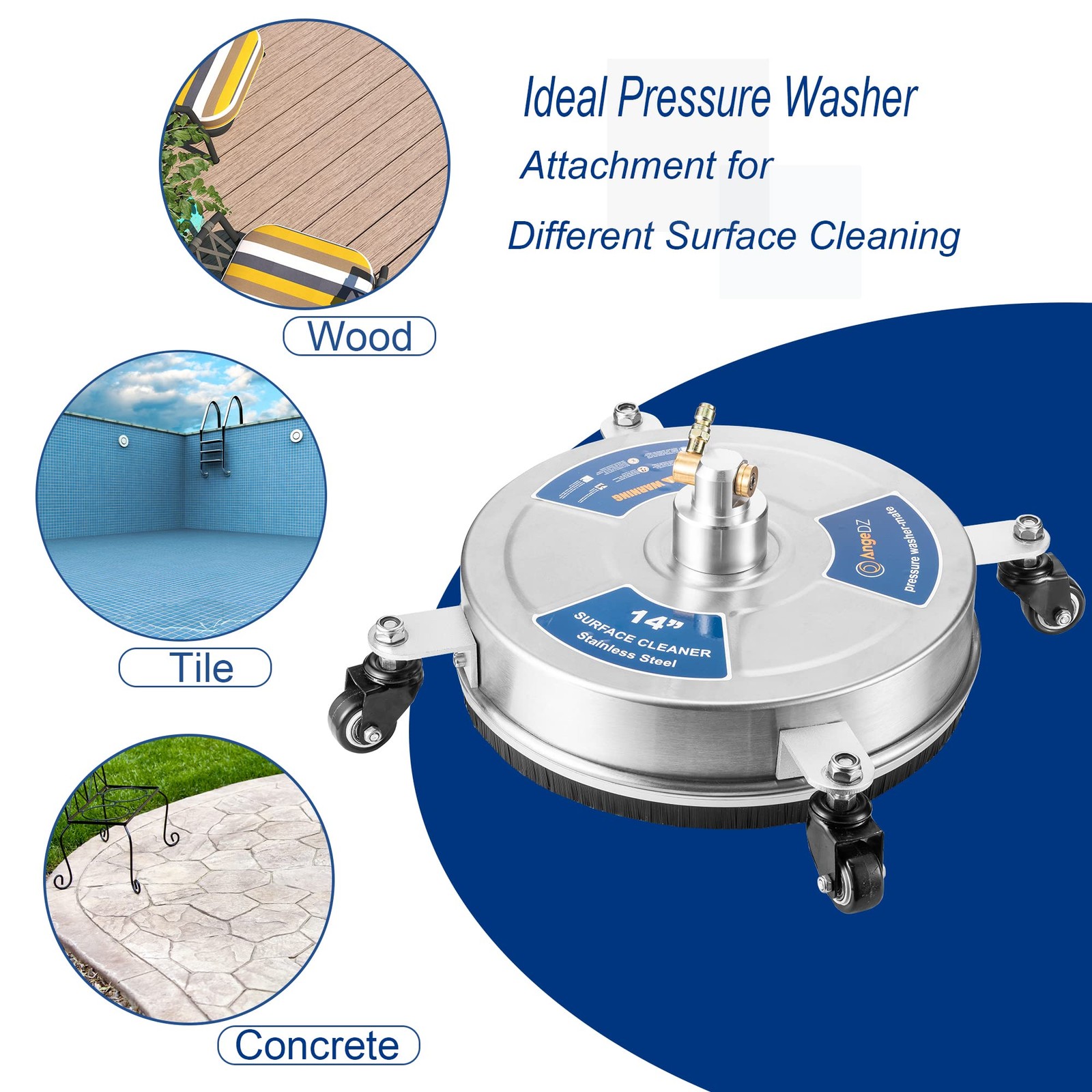 14 Pressure Washer Surface Cleaner With 4 Wheels 1/4 Quick Connect Plug Sturdy