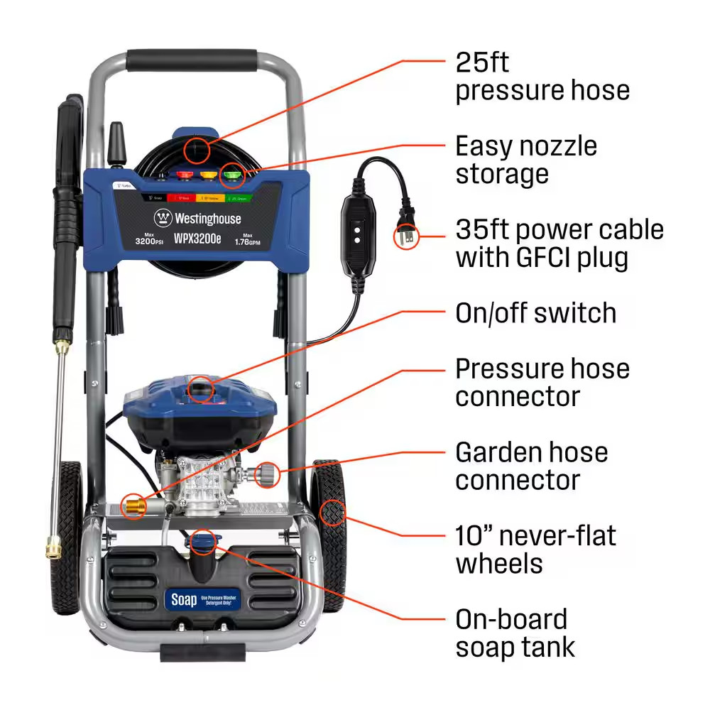3200 PSI 1.76 GPM 13 Amp Cold Water Electric Powered Pressure Washer with Turbo
