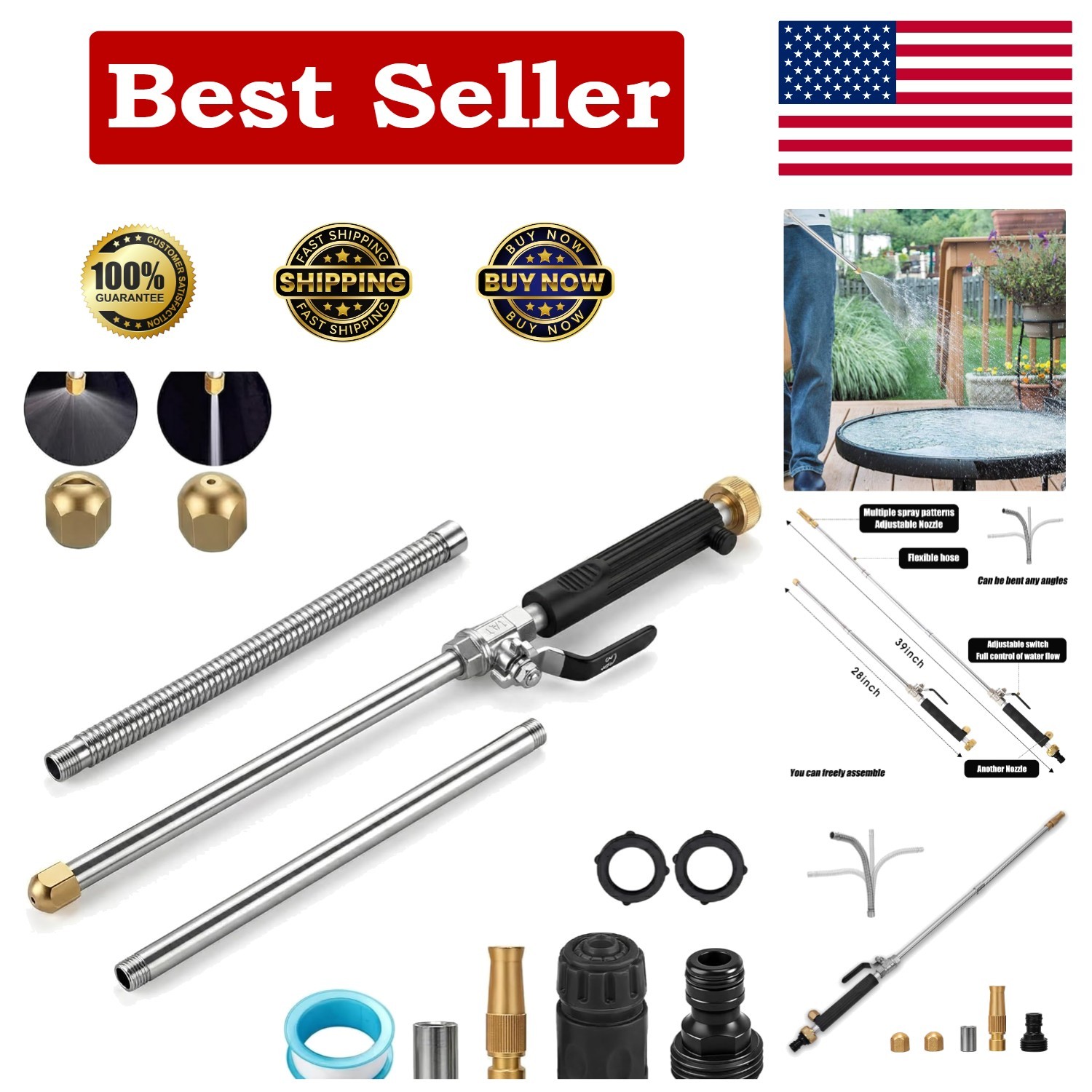 Hydro Jet High Pressure Power Washer: Extendable Stainless Steel Wand & Nozzle