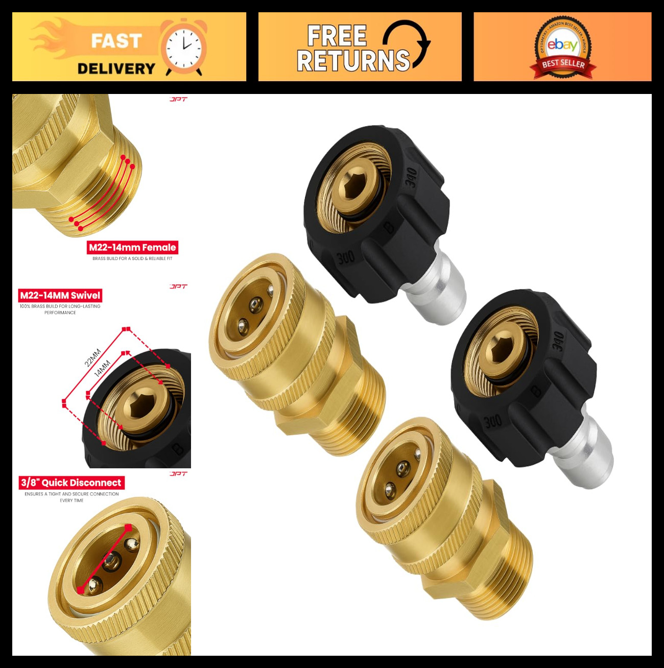 Heavy-Duty Quick Connect Pressure Washer Adapter Set | M22-14mm to 3/8″ Swivel |
