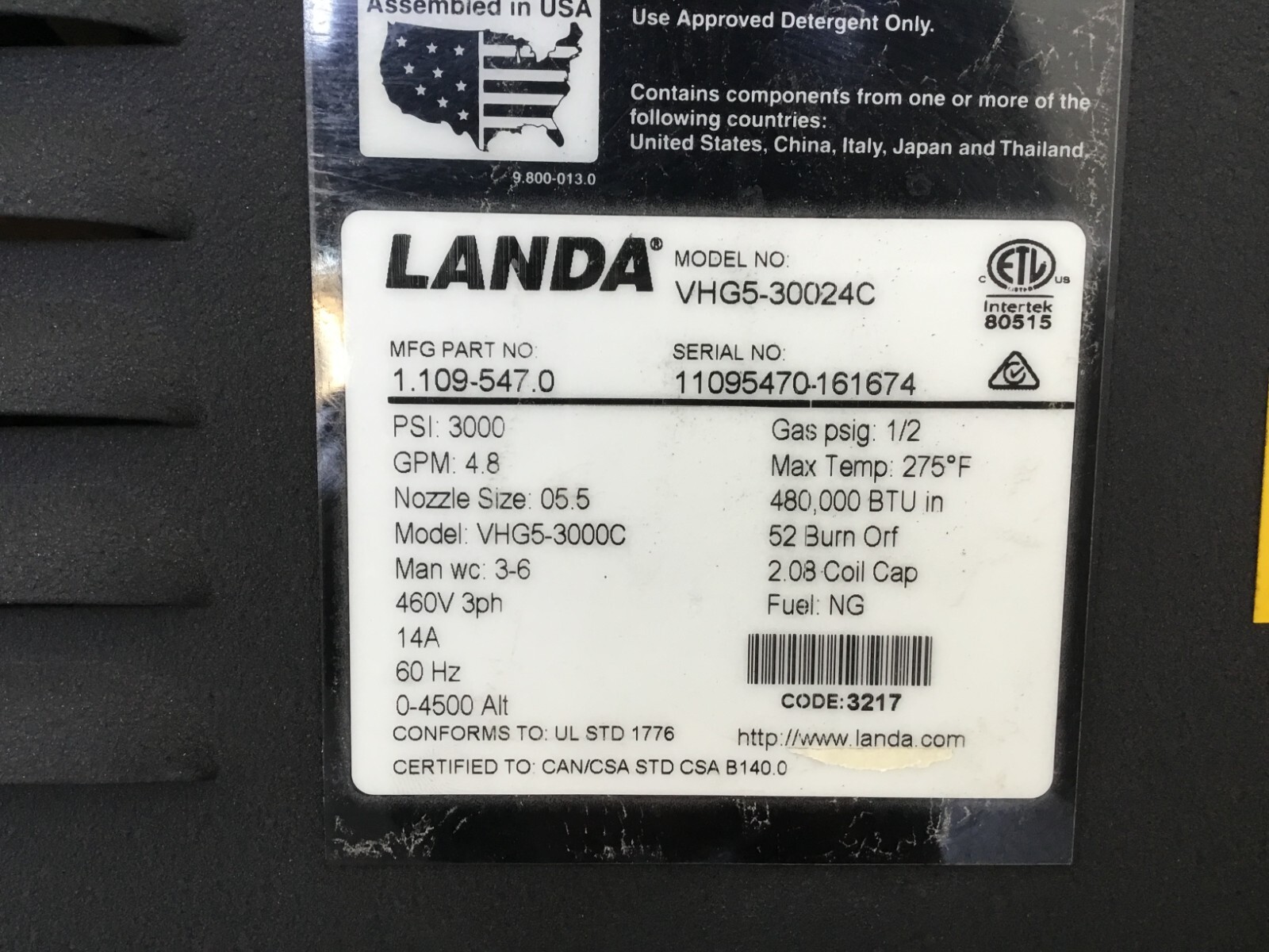 Landa – VHG – Stationary Hot Water – Elec Powered – N/G Heat – Pressure Washer