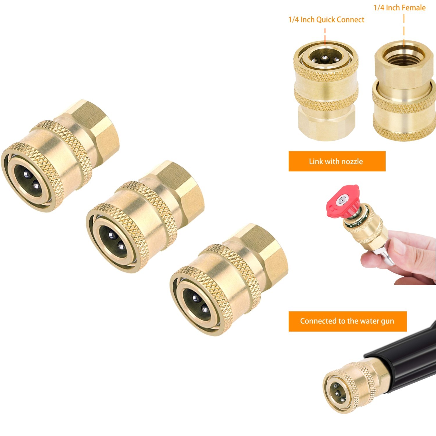 3 Pack Brass Pressure Washer Coupler 1/4 Inch Quick Connect Female NPT Fitting