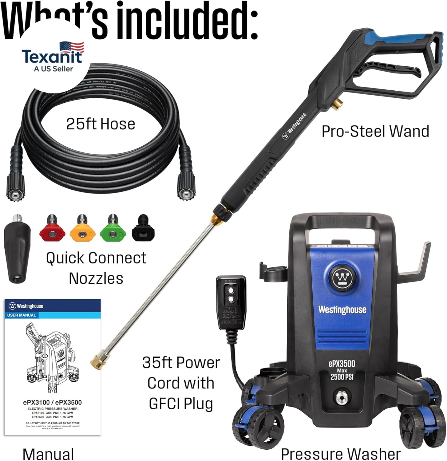 Epx3500 Electric Pressure Washer, 2500 Max PSI 1.76 Max GPM with Anti-Tipping Te