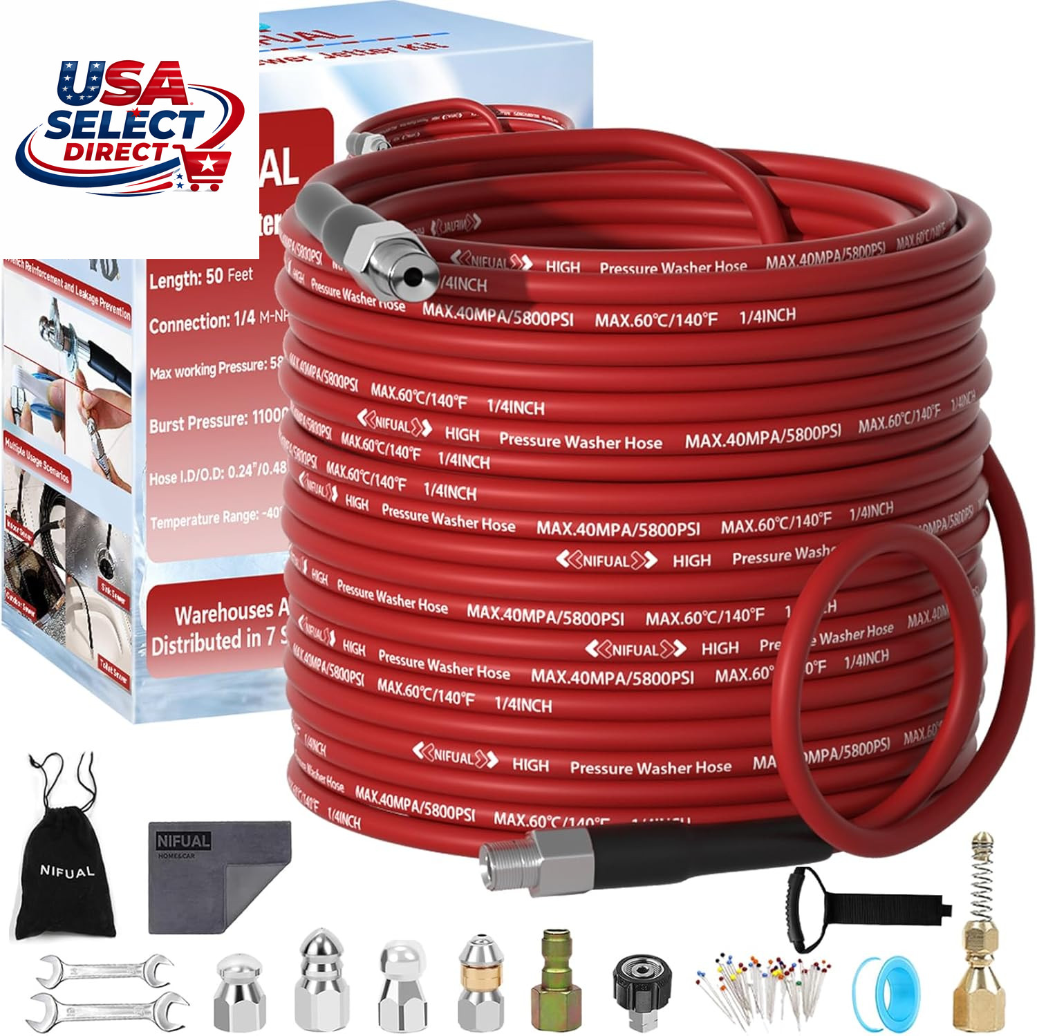 Sewer Jetter Kit for Pressure Washer 100Ft 5800PSI with Nozzles