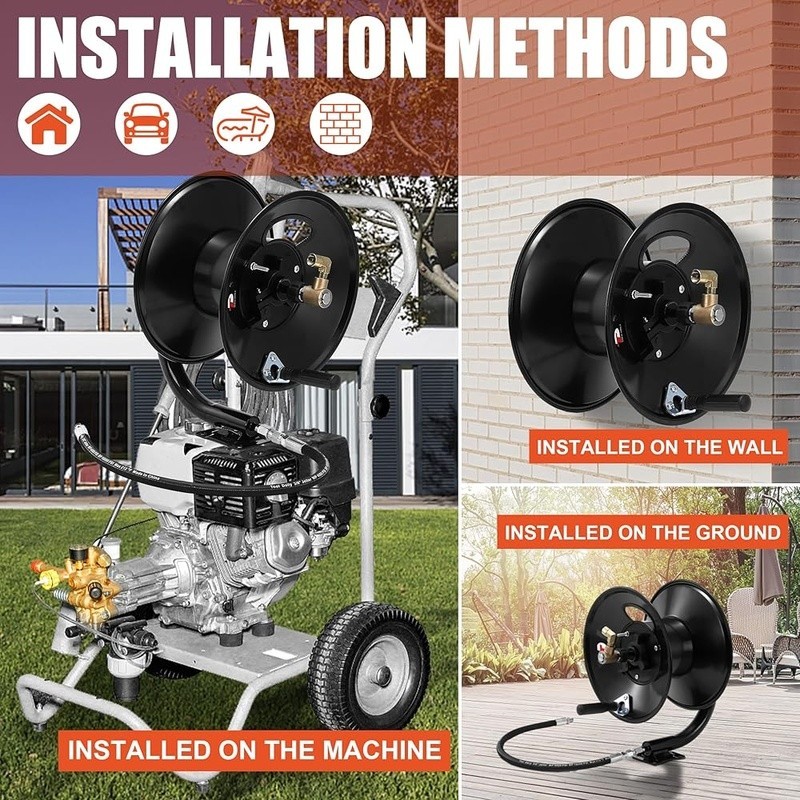Heavy Duty Pressure Washer Hose Reel 100ft Steel Frame Corrosion Resistant New