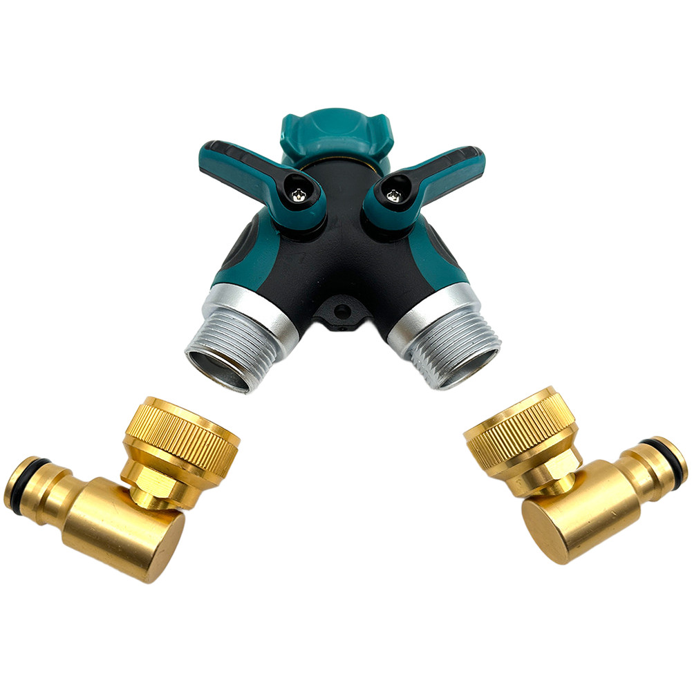 2 Way Rotating Garden Hose Splitter 360 Degree Zinc Copper Construction Teal