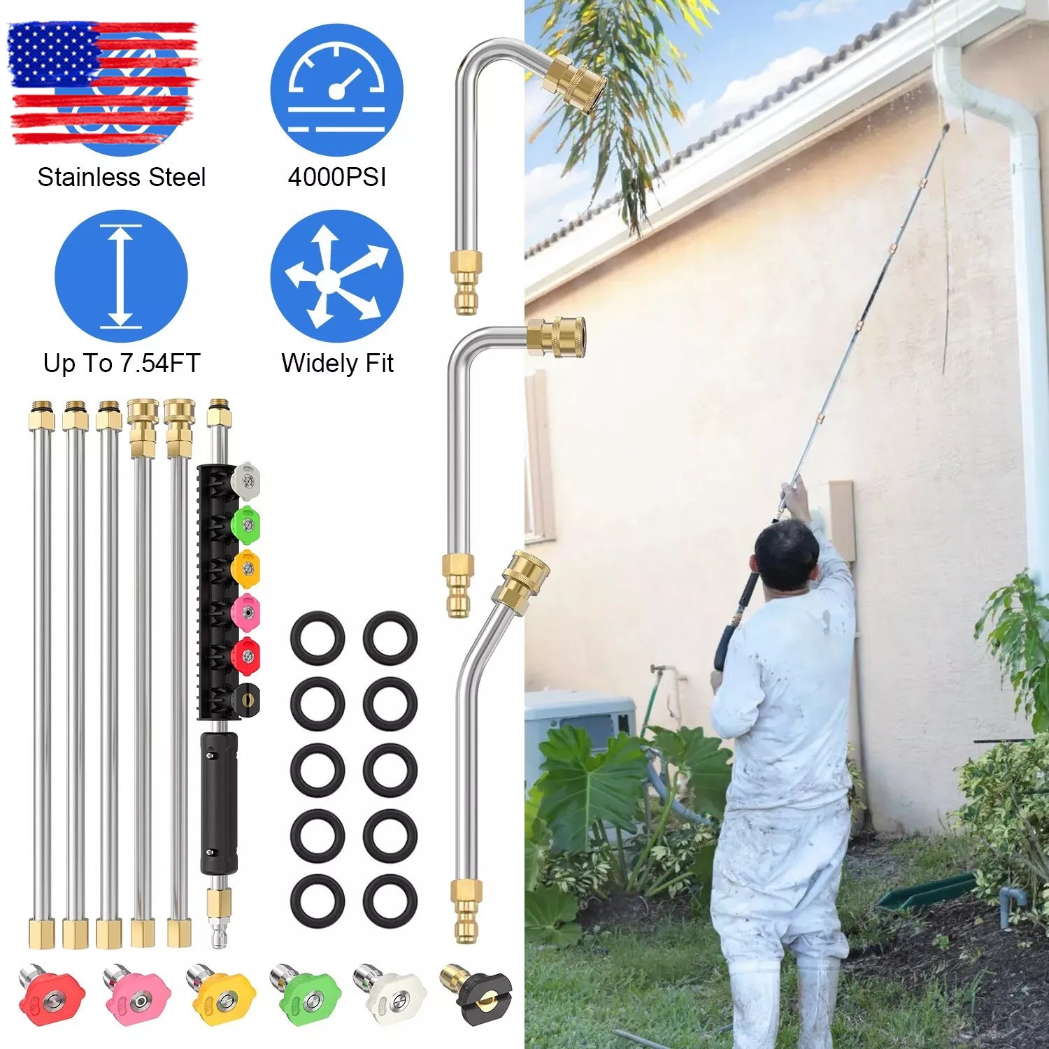 9-Piece 4000 PSI High Pressure Water Gun Extension Rod Wand 1/4’’Quick Connect