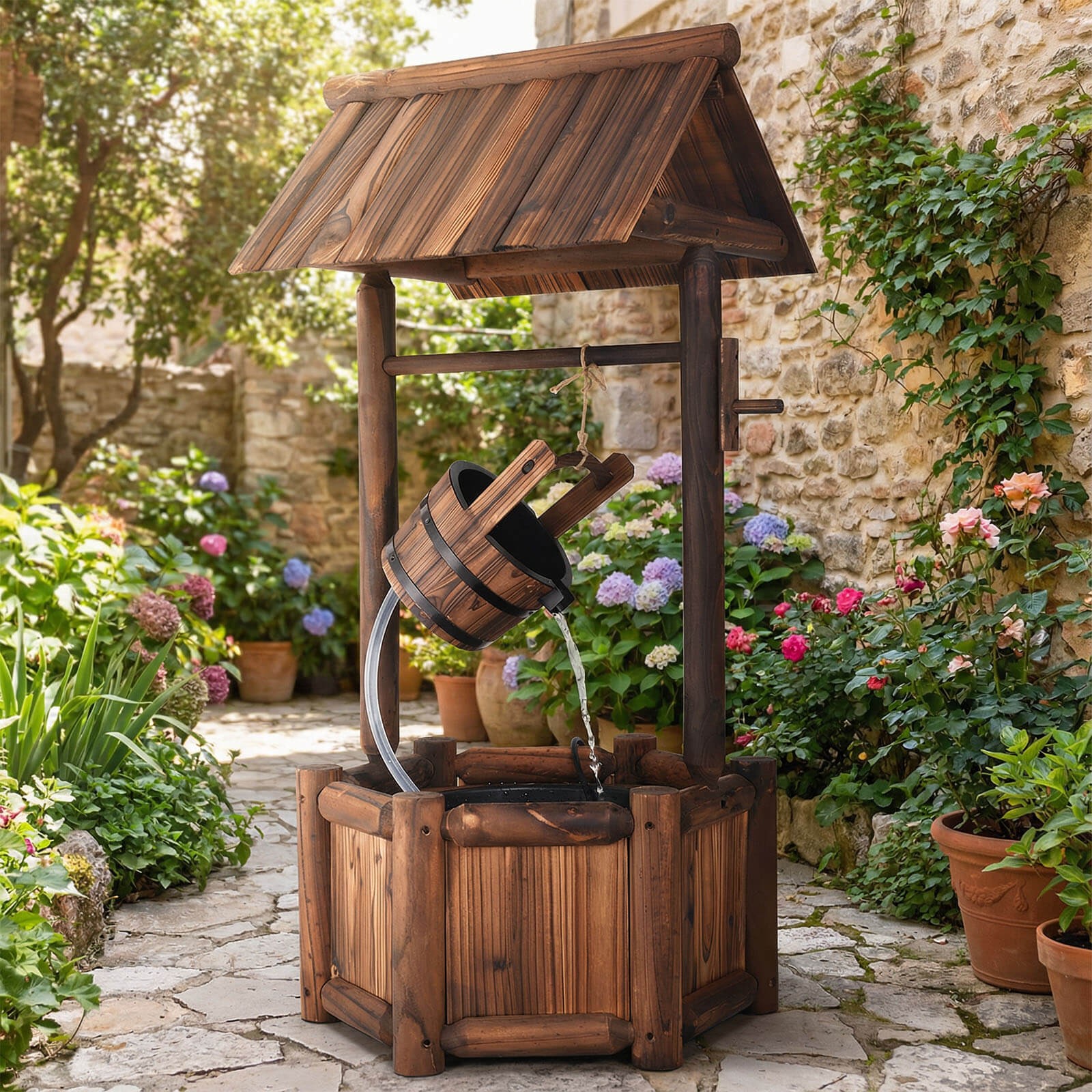 Garden Rustic Wishing Well Water Fountain Wooden Electric Backyard Pump Outdoor
