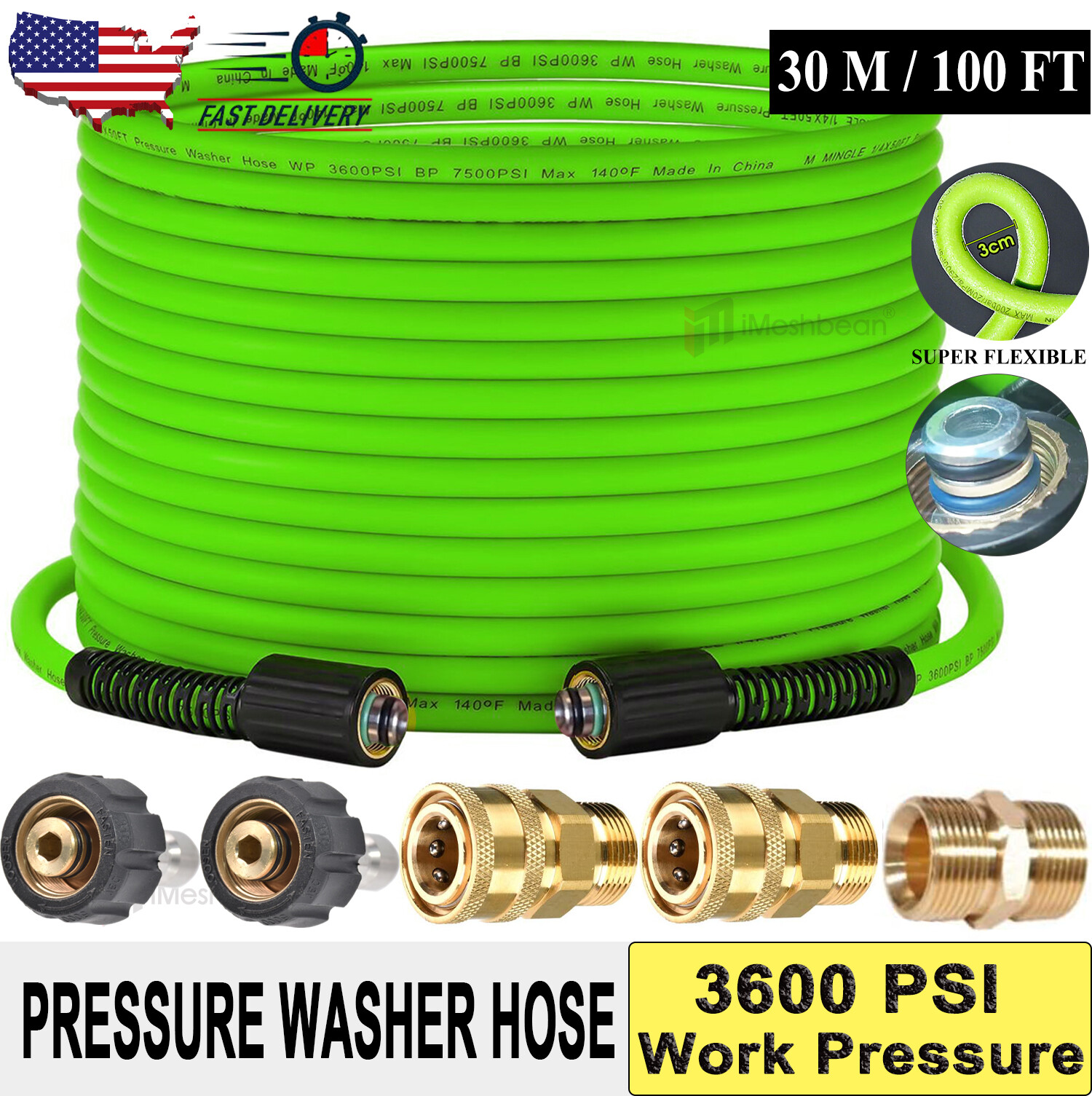 Kink Resistant Pressure Washer Hose 1/4″x 25/50/100′ 3600 PSI with (2) 22MM&3/8″