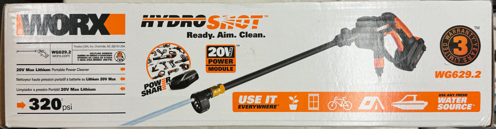 Worx “HydroShot” 20V Max Lithium Portable Power Cleaner 320psi (WG629.2)