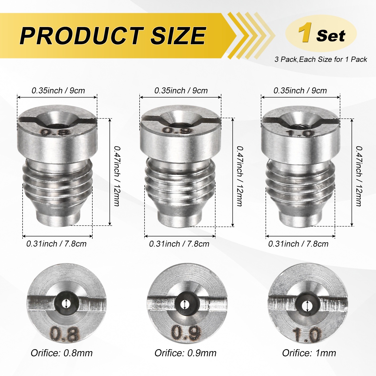 3-Pack 0.8/0.9/1.0 mm Stainless Steel Foam Cannon Orifice Nozzle Tips