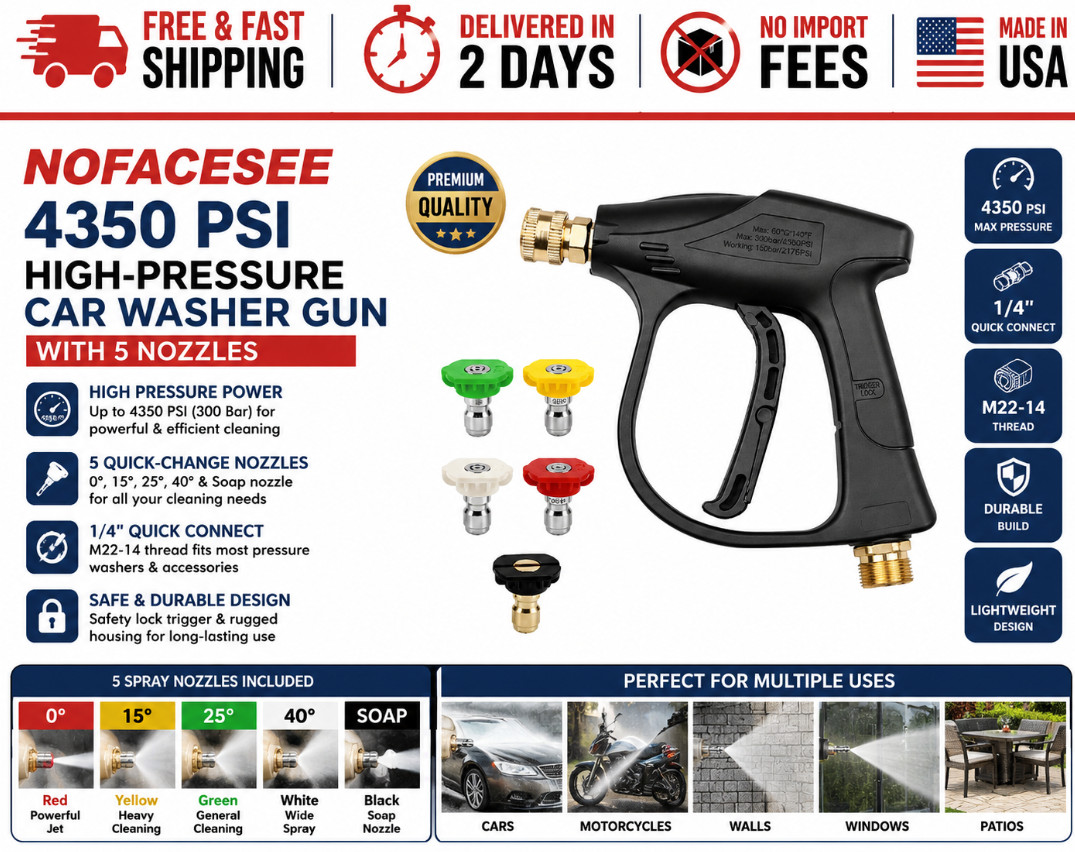 Nofacesee 4350 PSI High-Pressure Washer Gun with 5 Nozzles