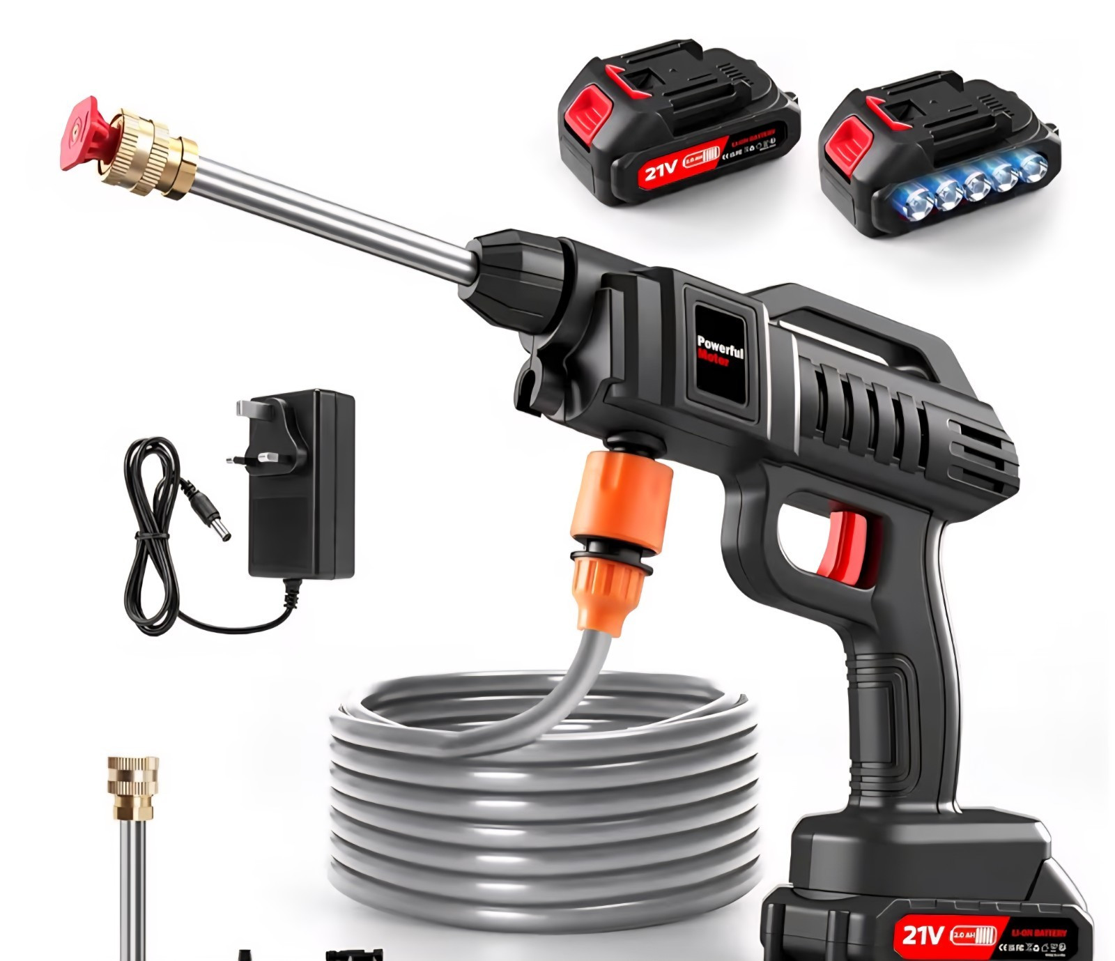 21V Cordless Cold Water Pressure Washer, Battery, Charger, Hose, Foam Pot, Black