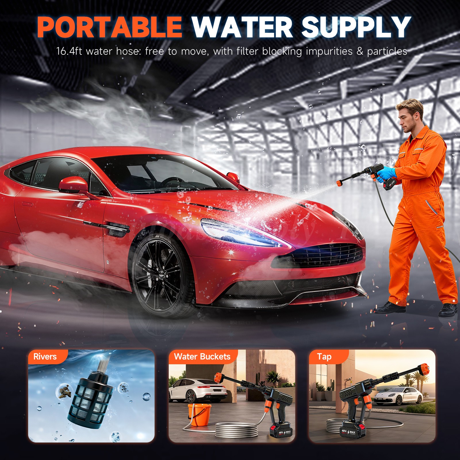900PSI Cordless Pressure Washer Handheld Car Wash Gun 6-in-1 Nozzle 16.4FT Hose