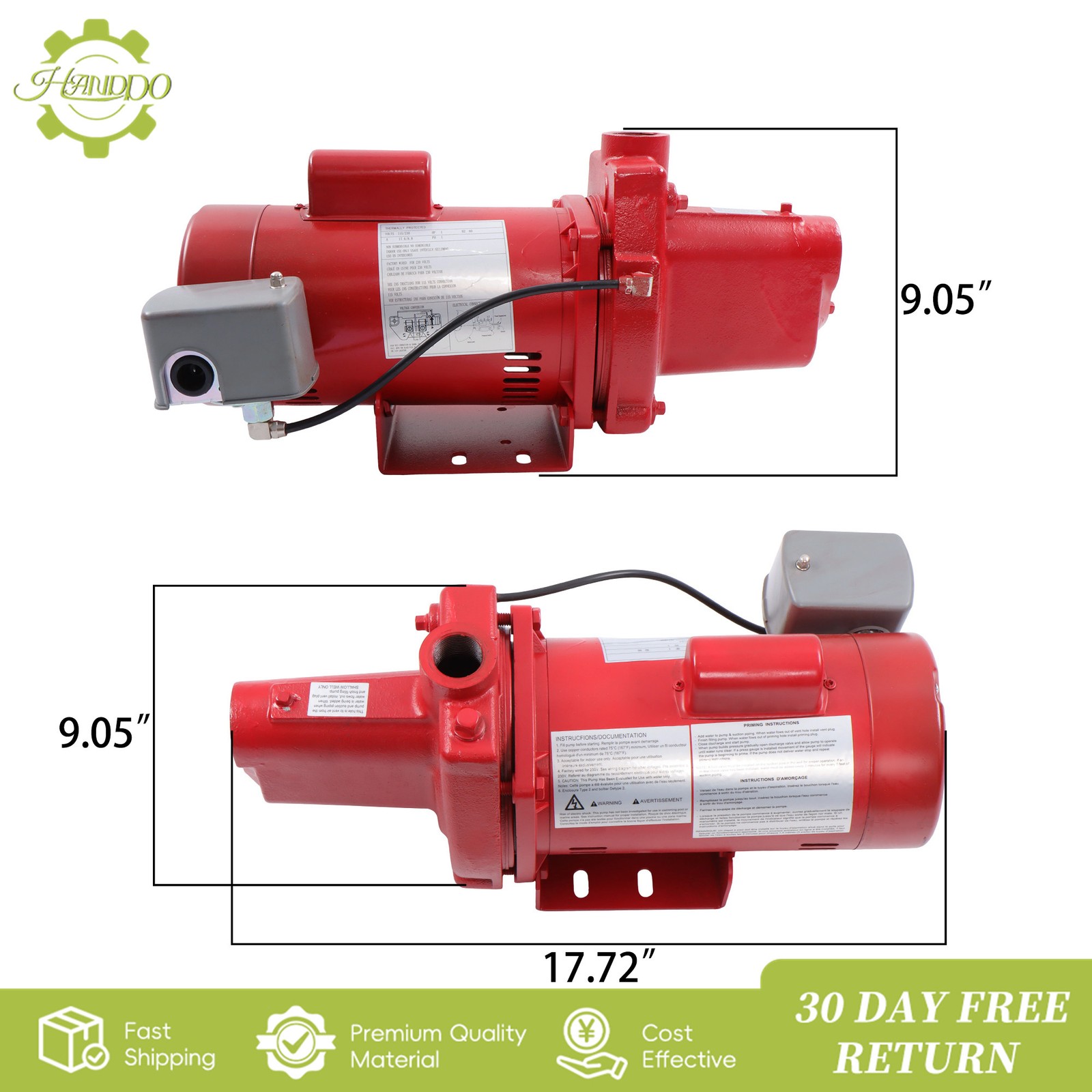 Shallow Well Jet Pump 1 HP 23 GPM, Cast Iron, 115/230V Dual Voltage, Red