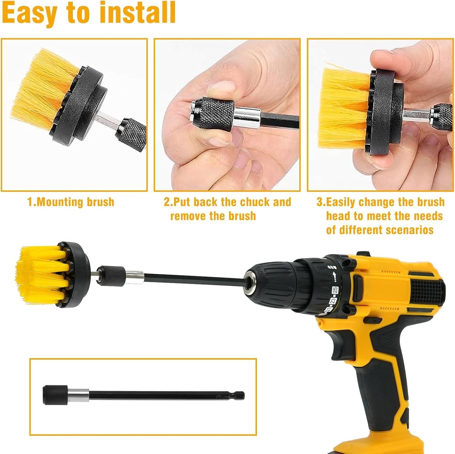 8 Pcs Drill Brush Attachment Set, Power Cleaning Scrub Kit with Yellow