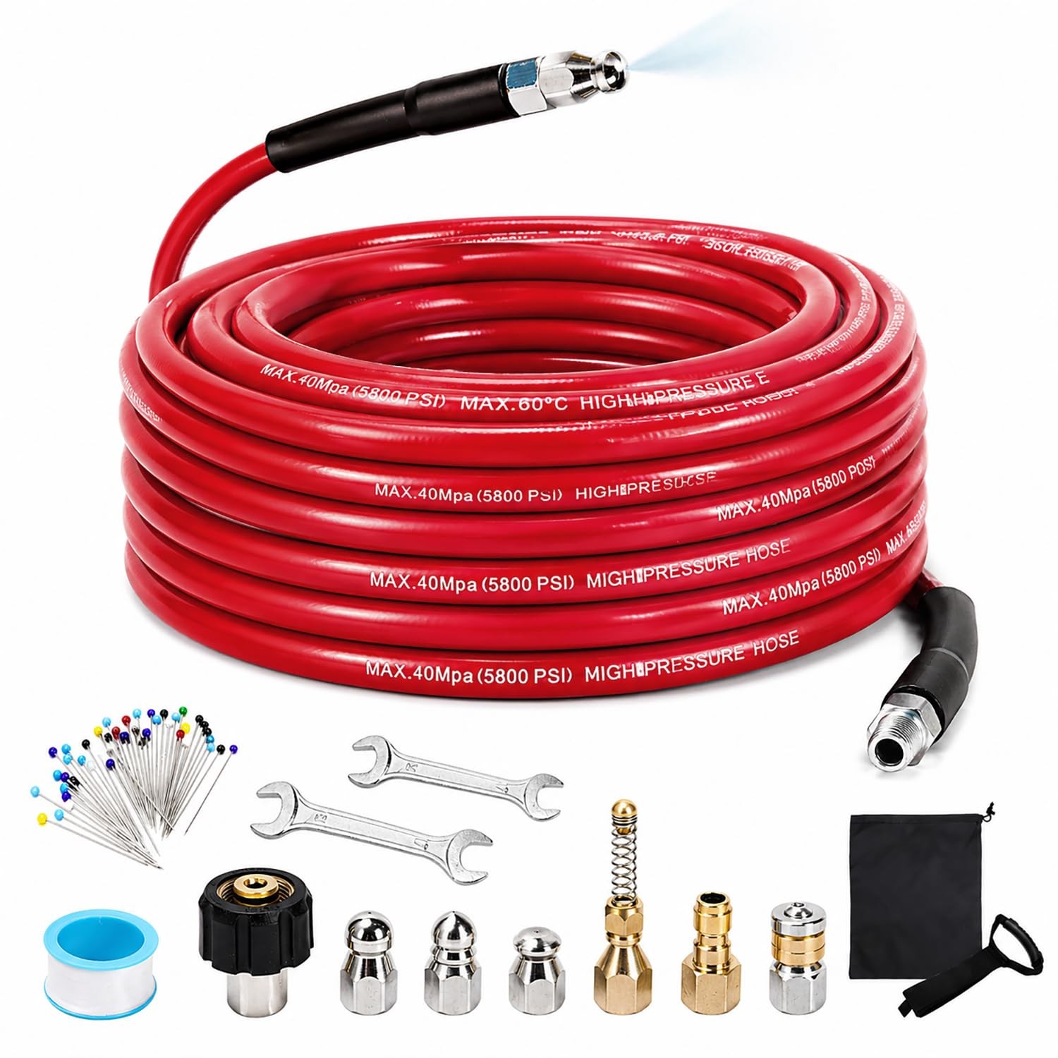 50FT Red Sewer Jetter Kit Pressure Washer Drain Cleaner Hose 1/4″ 5800 PSI