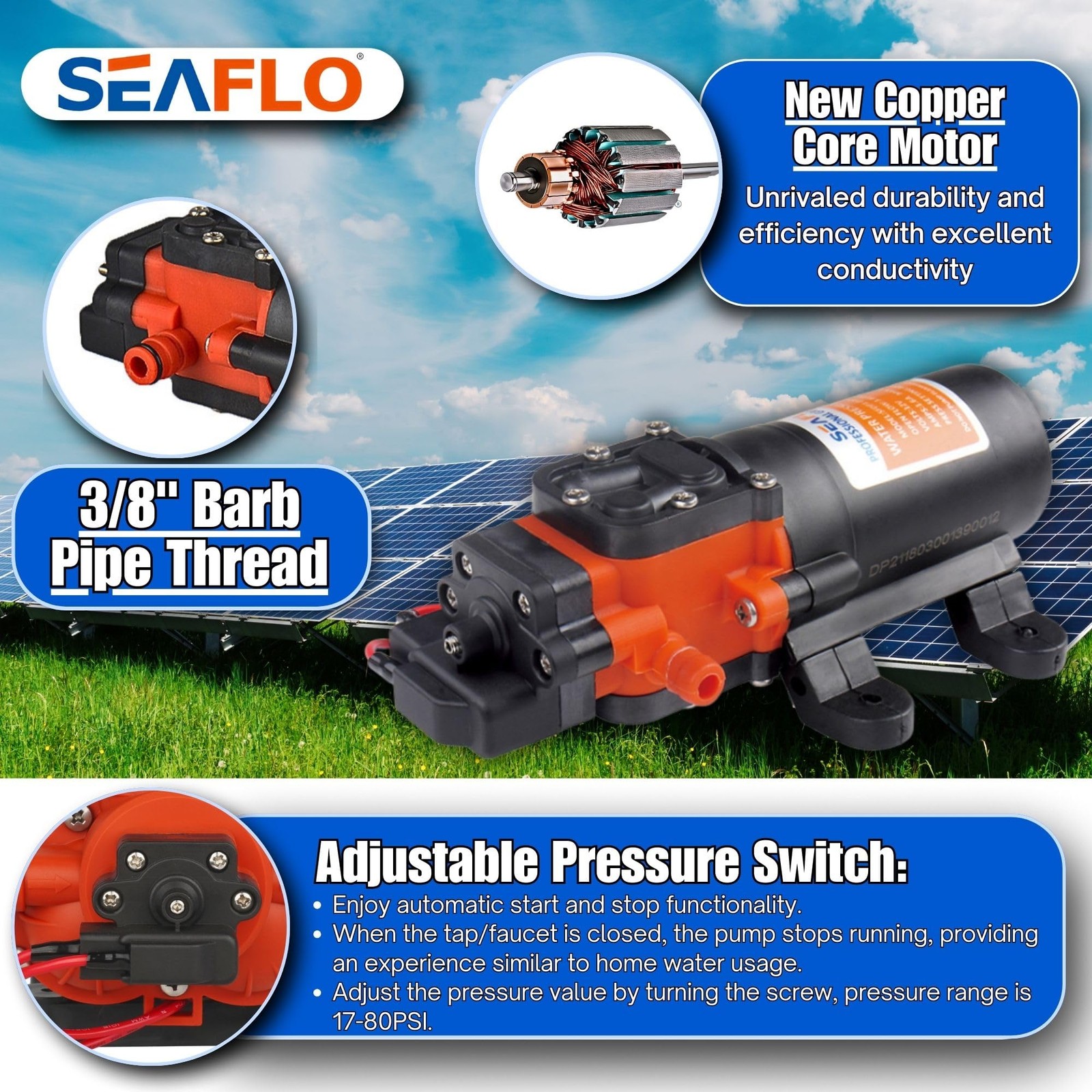12V Diaphragm Water Pump 1.2 GPM 35 PSI Self Priming Quiet RV Boat
