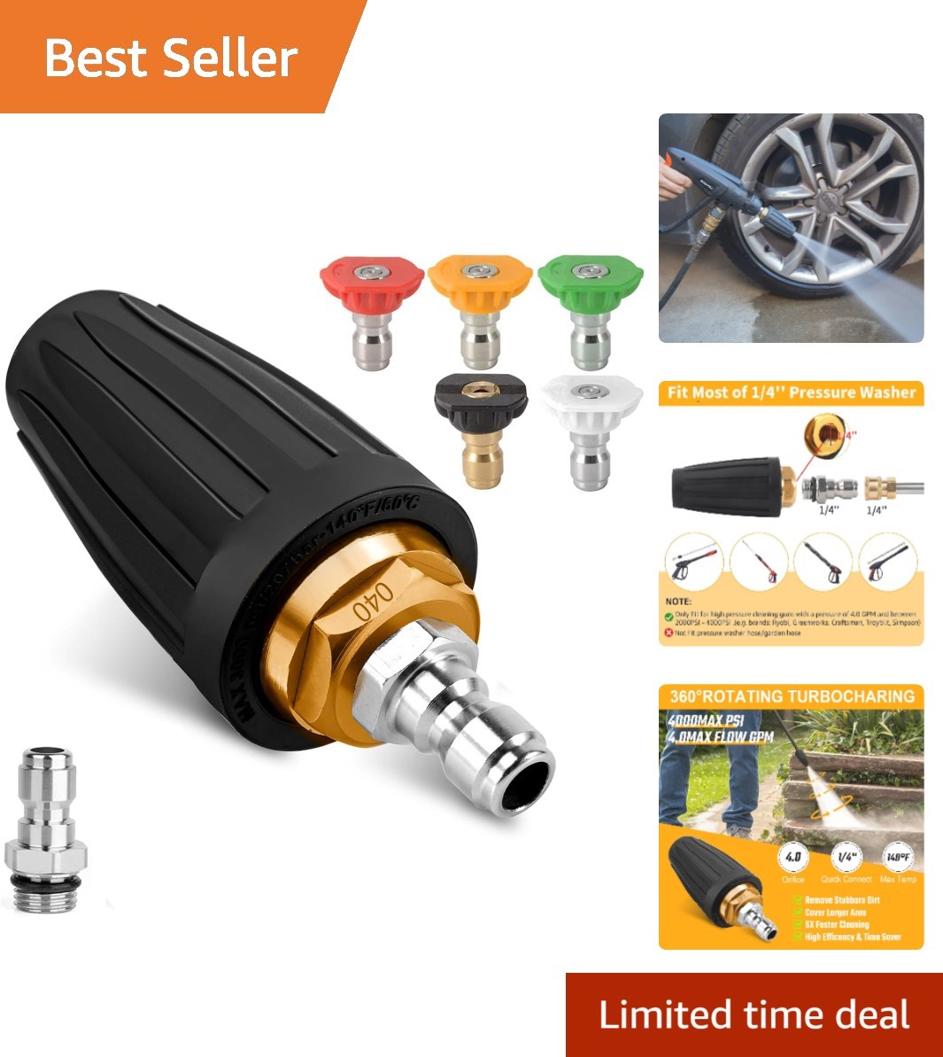360° Rotating Turbo Nozzle Kit – 5 Quick Connect Tips for Ultimate Pressure Wash