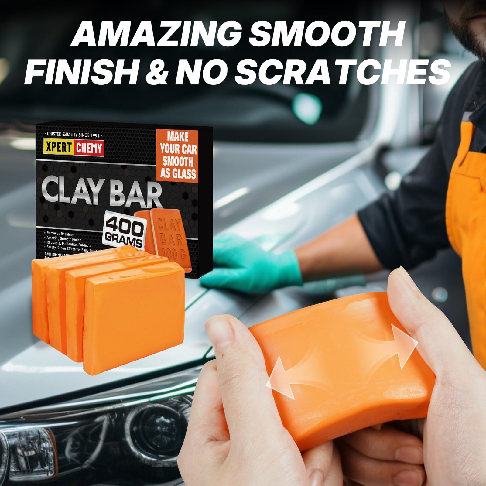 XPERTCHEMY Car Clay Bar 4 Pack 400g(4x100g), Auto Detailing Premium orange