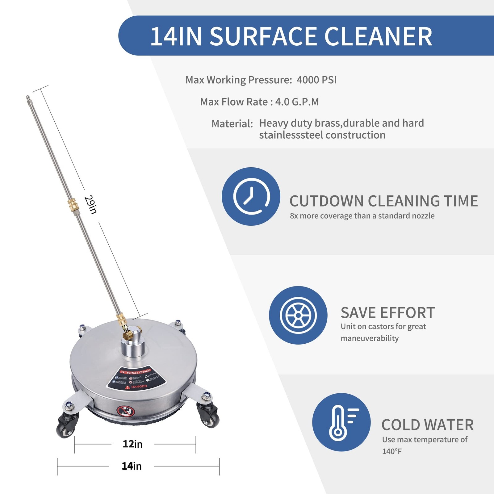 Biswing 14″ Pressure Washer Surface Cleaner with 4 Wheels, Stainless Steel Po…