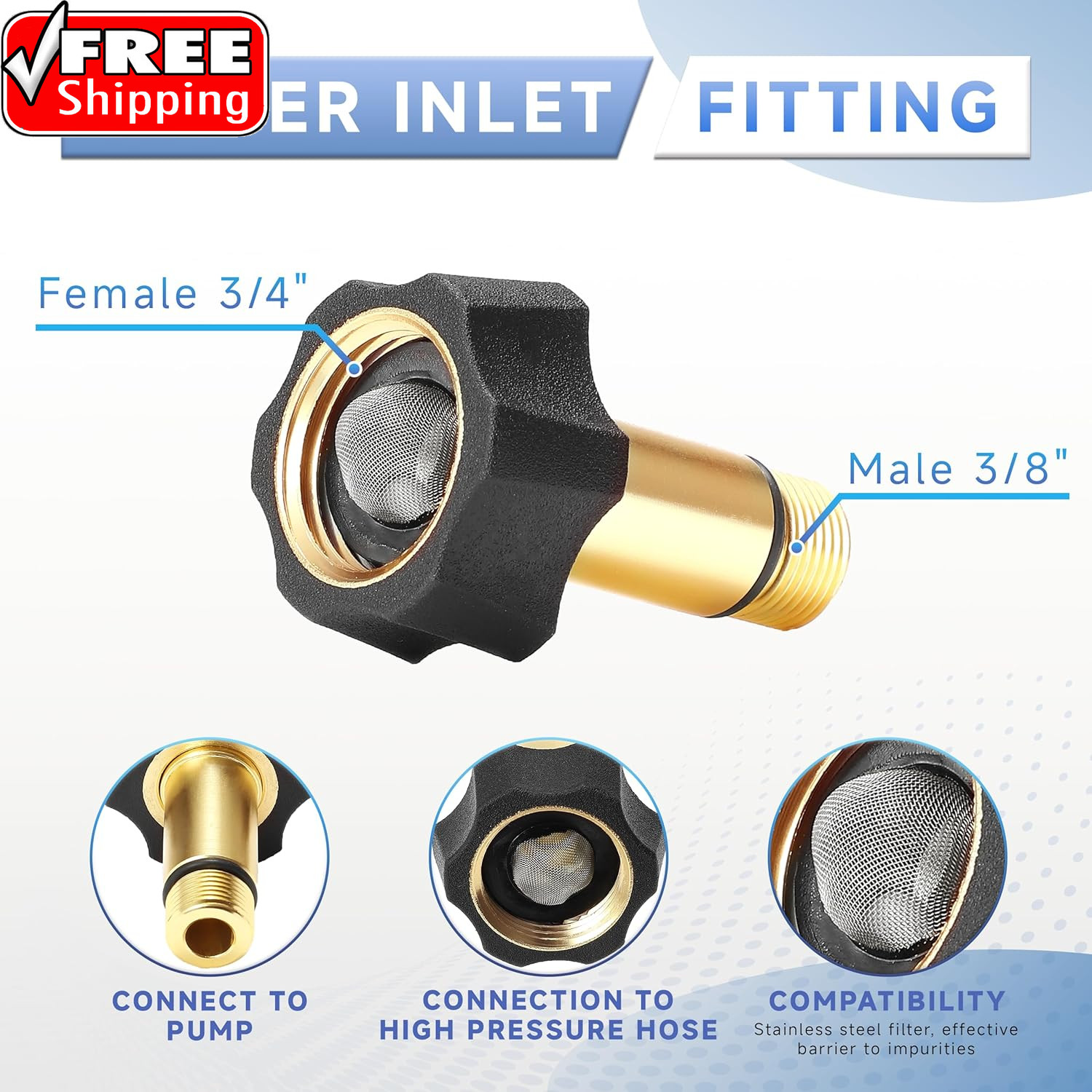 Pressure Washer Pump Parts Water Inlet Fitting, 3/4″ Female to 3/8″ Male Pressur