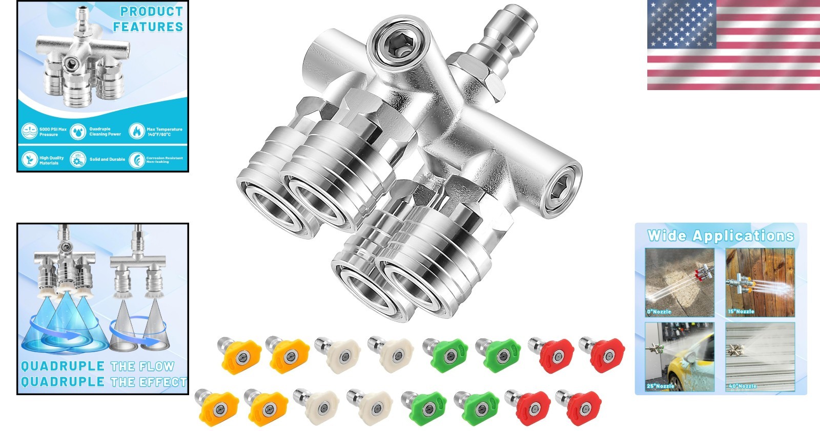 Quadruple Pressure Washer Tips – 4-in-1 Stainless Steel Nozzle Set, 5000 PSI