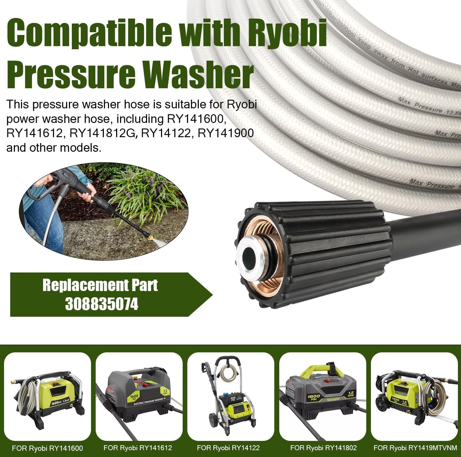 Replacement 20 Ft Pressure Washer Hose for Ryobi – 2000 PSI Durable Design
