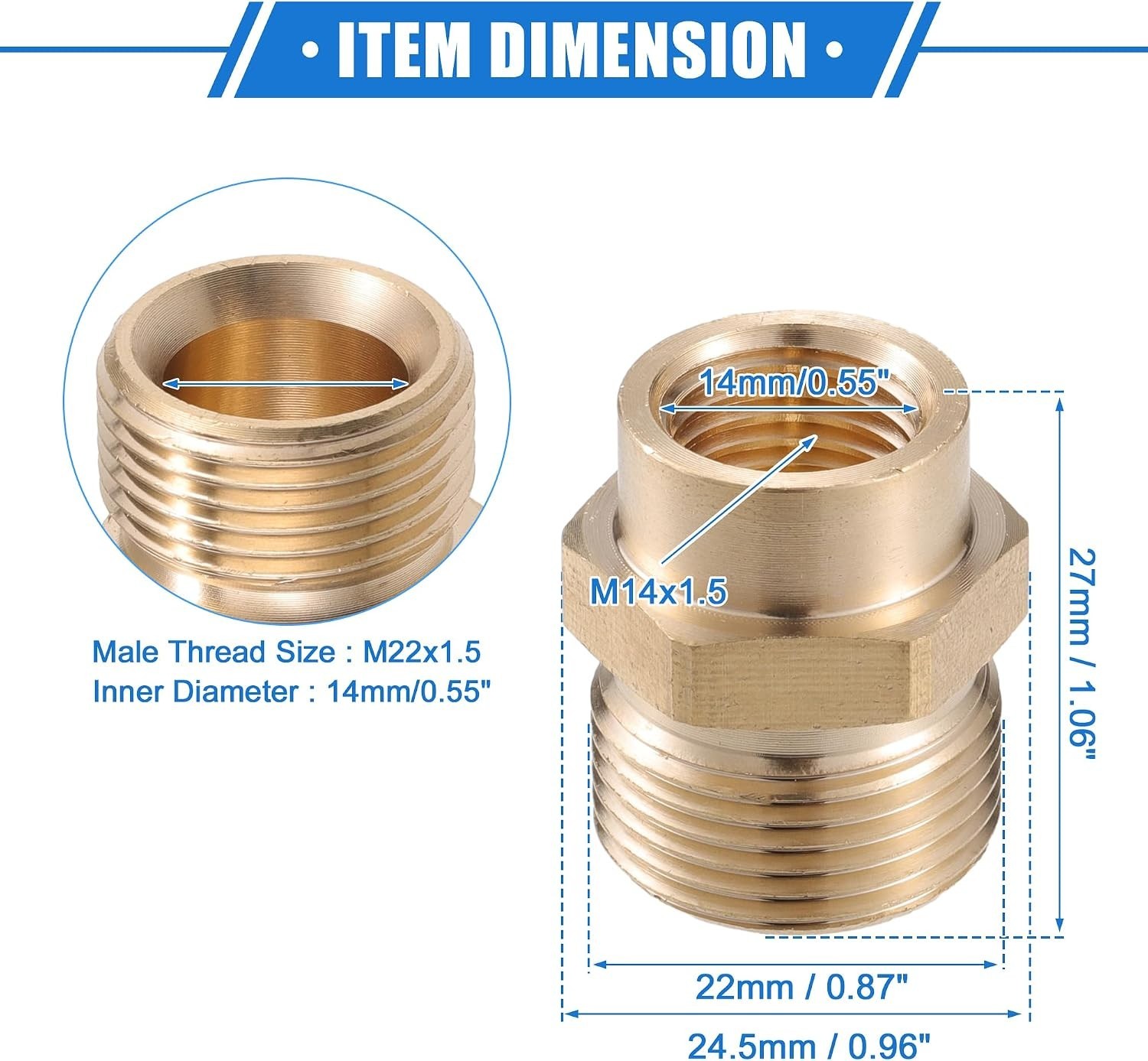 Pressure Washer Adapter M14x1.5 to 14mm M22x1.5 Brass Copper 1pc