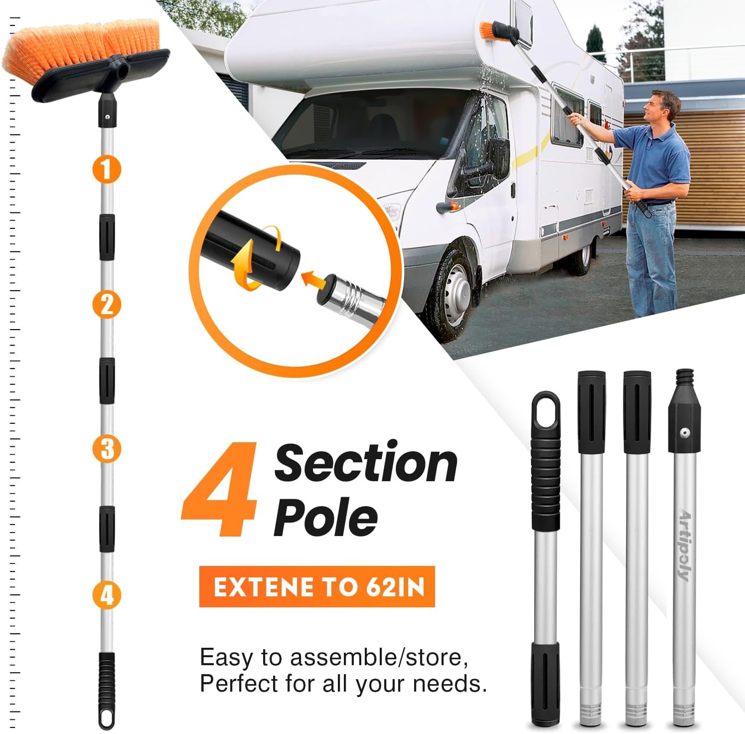 65″ Car Wash Brush with Extension 10" brush 65" pole, Deep Orange
