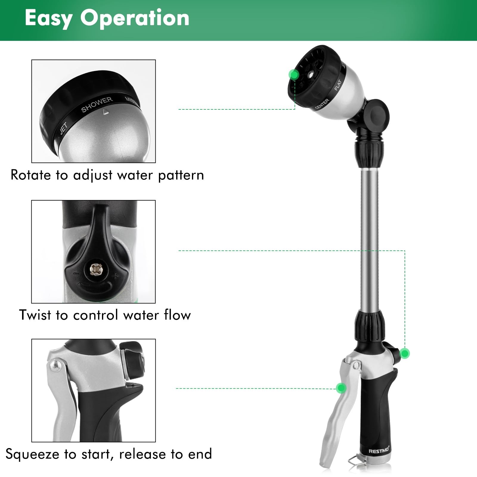 Metal Watering Wand, Heavy Duty Garden Hose Wand with 180° Swivel Ratcheting Hea