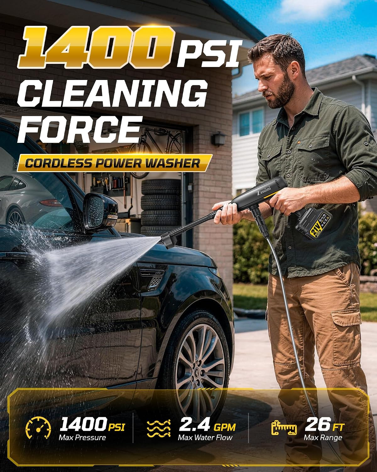 Cordless Cleaning Tool, 1400 PSI Brushless Motor, 6-In-1 Nozzle | 3Ah Battery Op