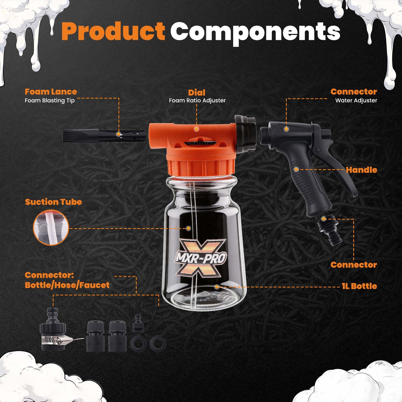 1L Car Wash Foam Cannon Kit Adjustable Soap Sprayer 6-10 Bar Quick Connect