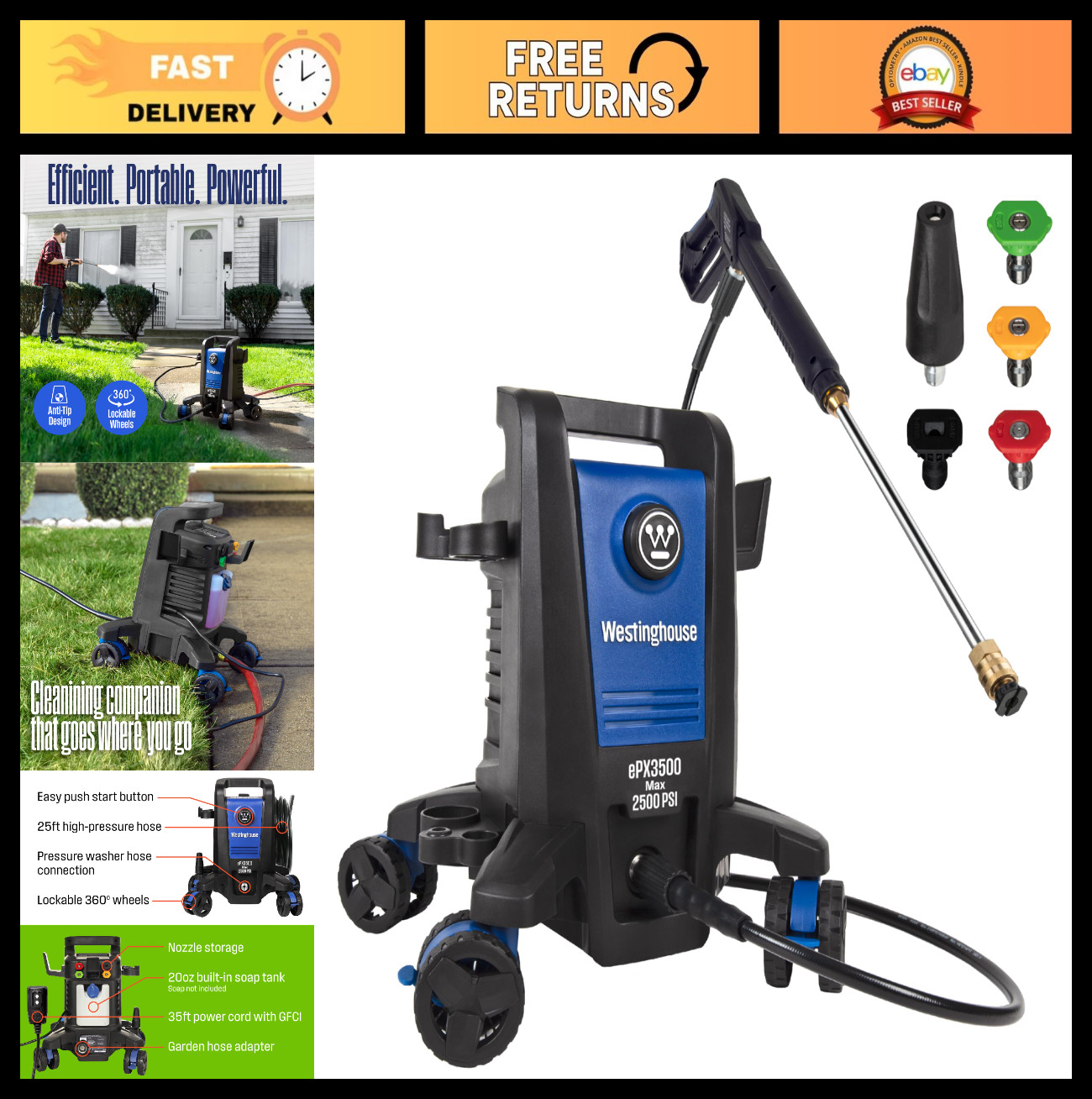 Electric Pressure Washer 2500 PSI, 1.76 GPM, Anti-Tipping, Soap Tank, 5 Nozzles,