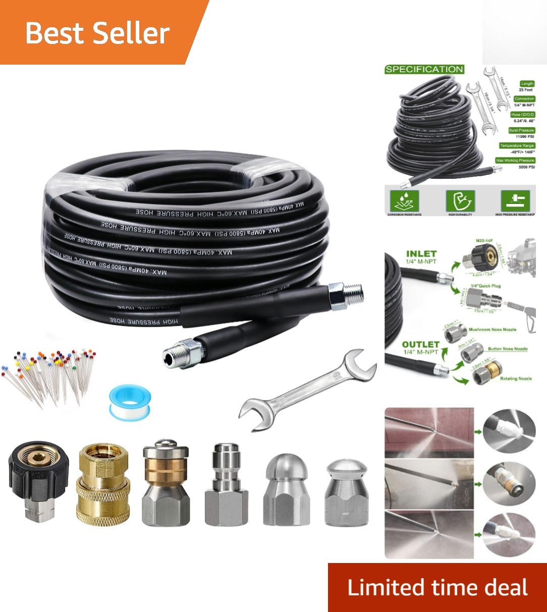 25 FT High-Pressure Sewer Jetter Kit – 5800 PSI Cleaner with Multiple Nozzles