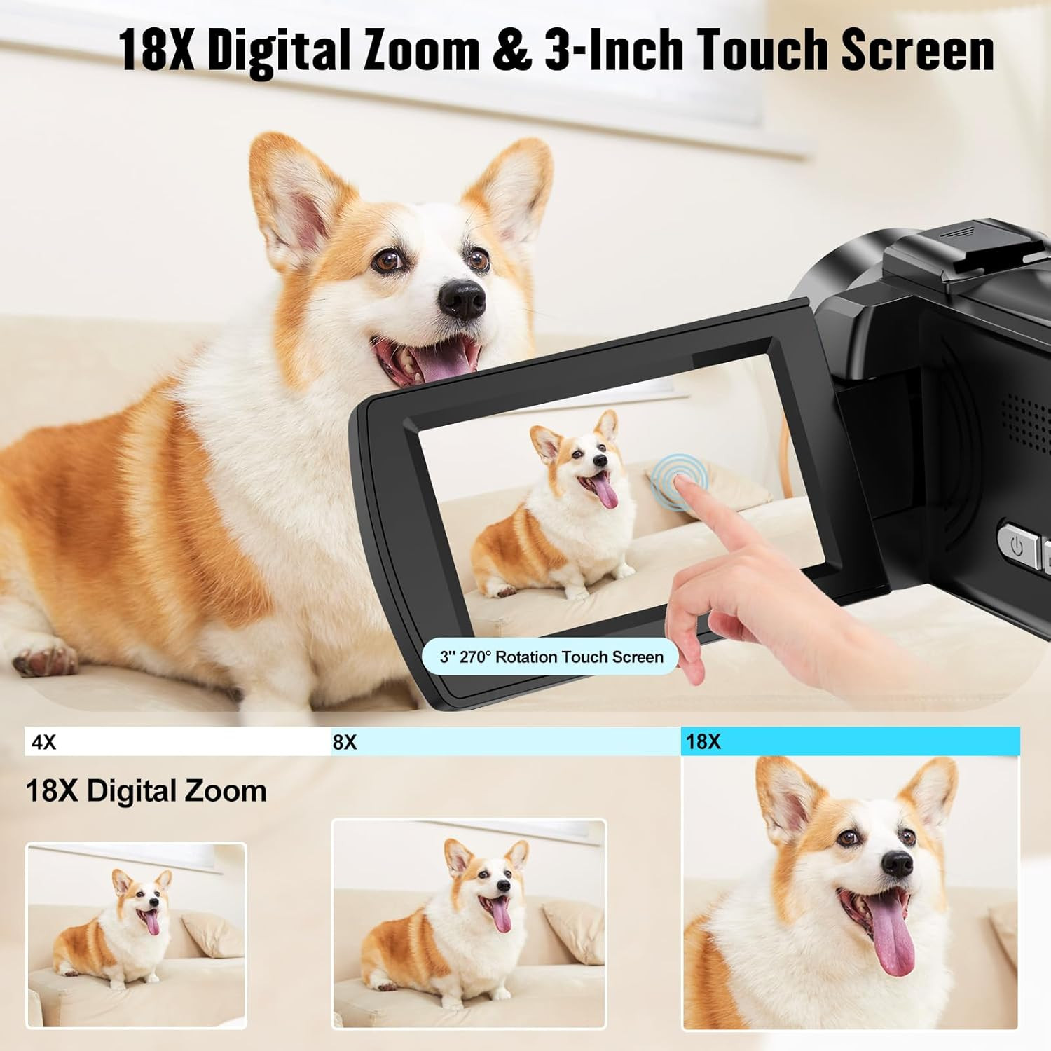 Camcorder Video Camera 4K 48MP HD Camera Recorder, 18X Digital Zoo 3″ Touch Scre