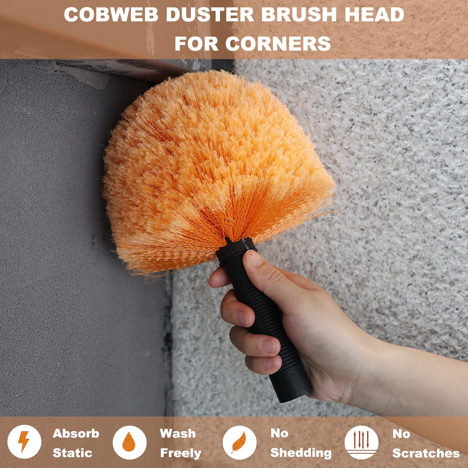 Tonmp Orange Twist-On Cobweb Duster Head Brush, Fits Standard 3/4 inch