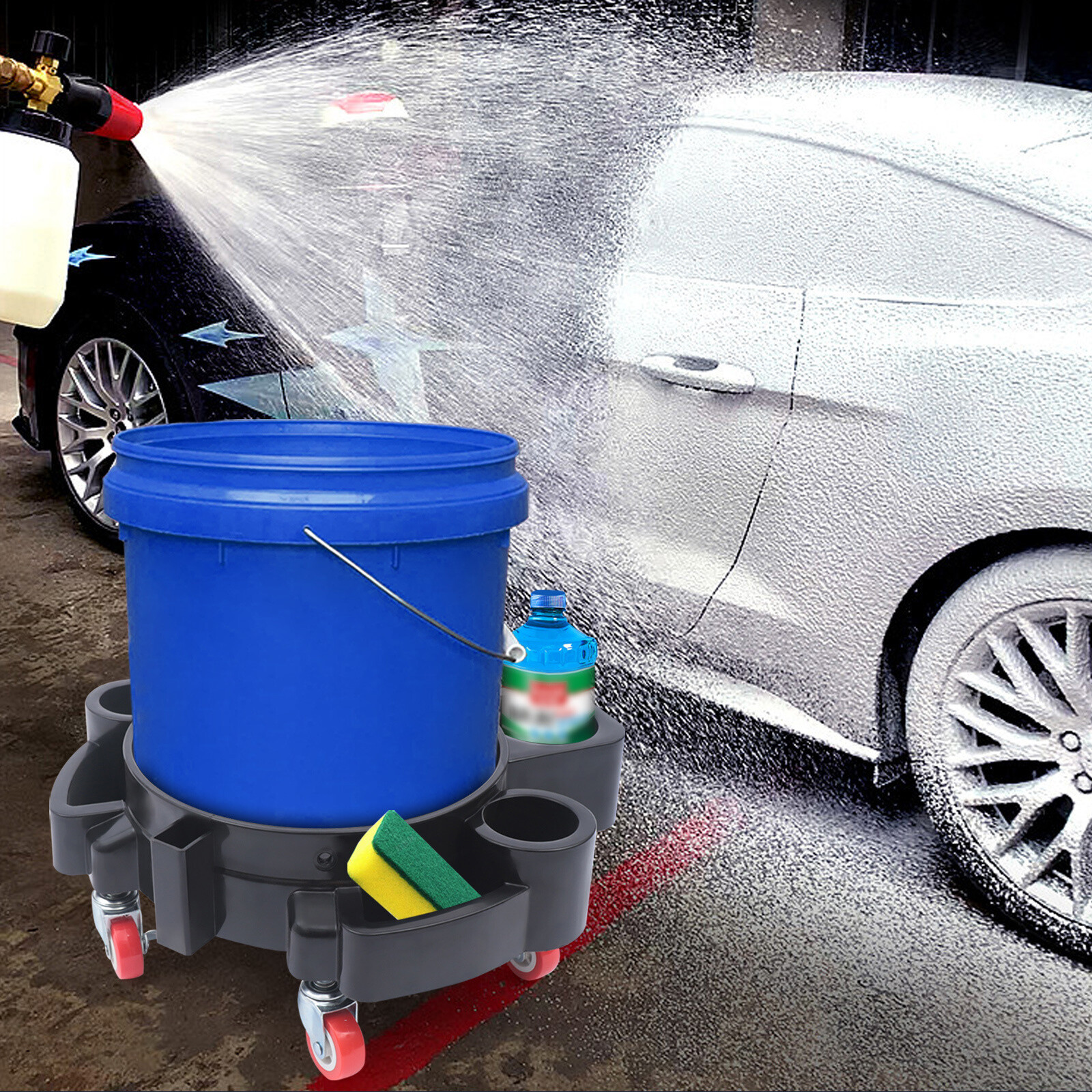 Bucket Dolly Car Wash Cleaning Trolly Mop Wash Drum Rolling Cart Heavy Duty