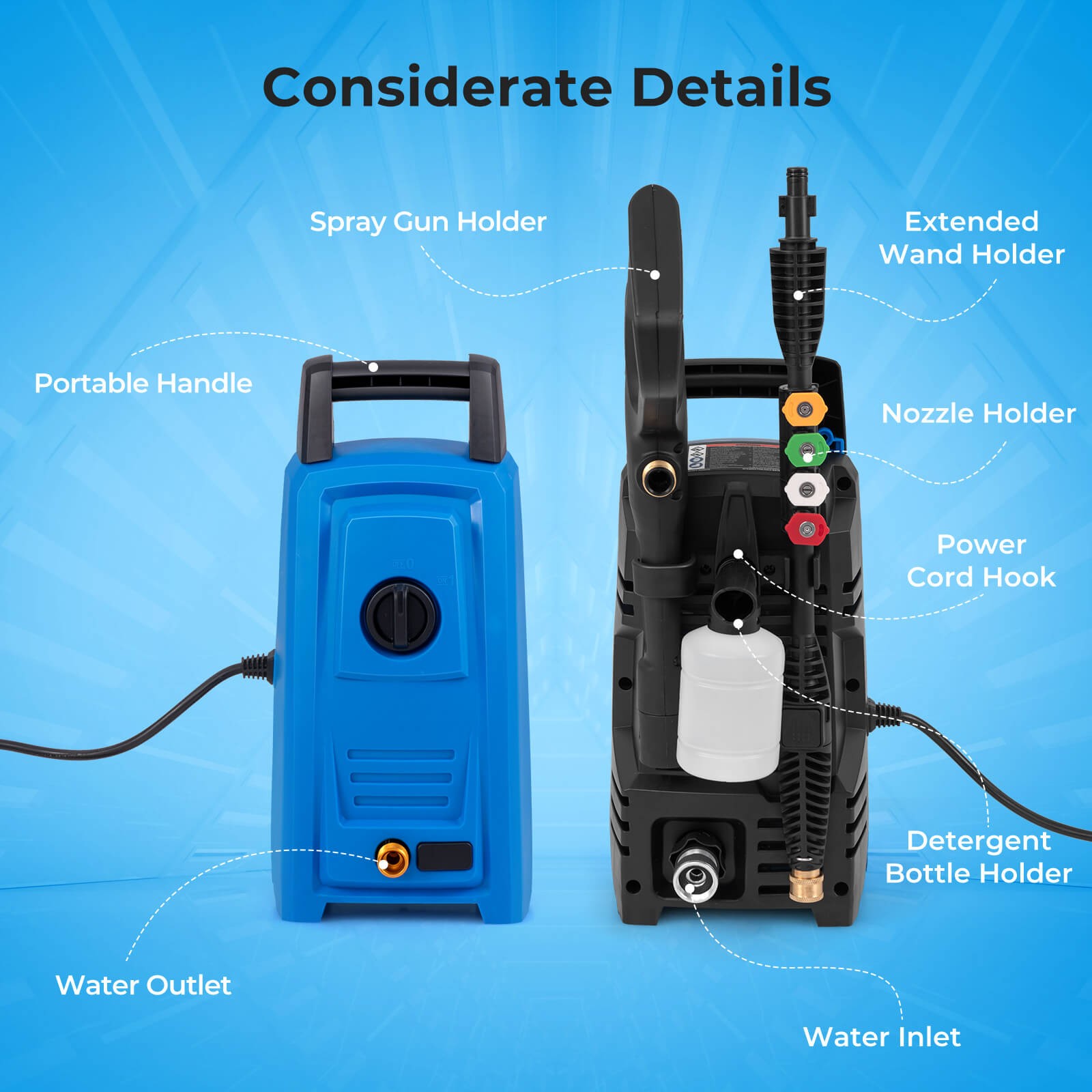 Electric Pressure Washer w/ Wheels 5 Quick Connect Nozzles Soap Bottle spray gun