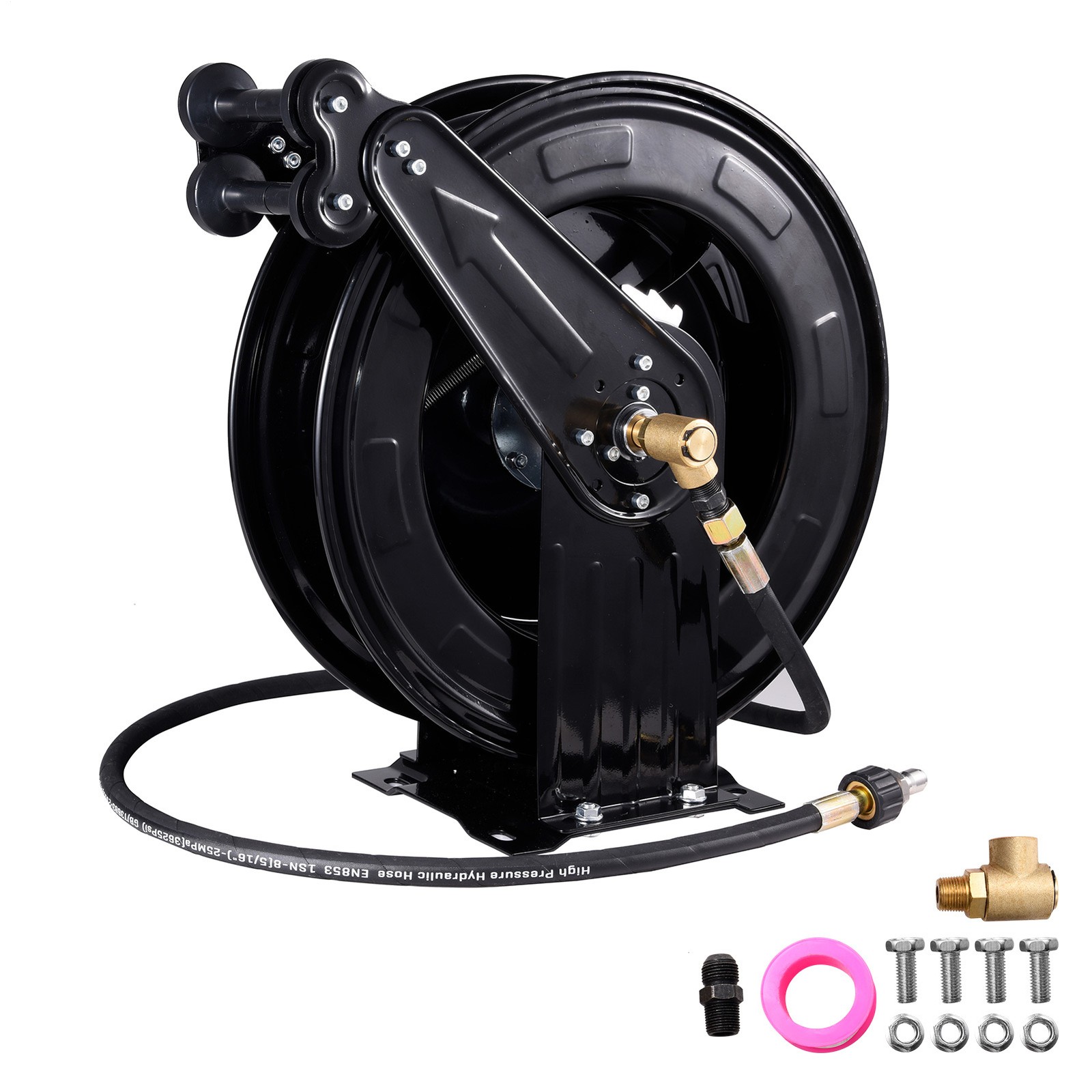 50FT x 3/8″ Auto-Retractable Pressure Washer Hose Reel, Heavy Duty Double Arm