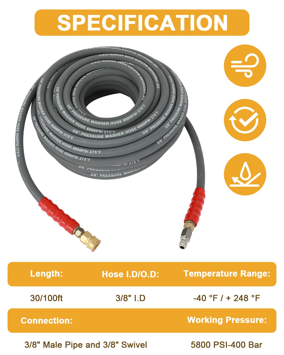6000 PSI Pressure Washer Hose 3/8″ x 50ft / 100ft Non-Marking R2 Rating 2 Wire
