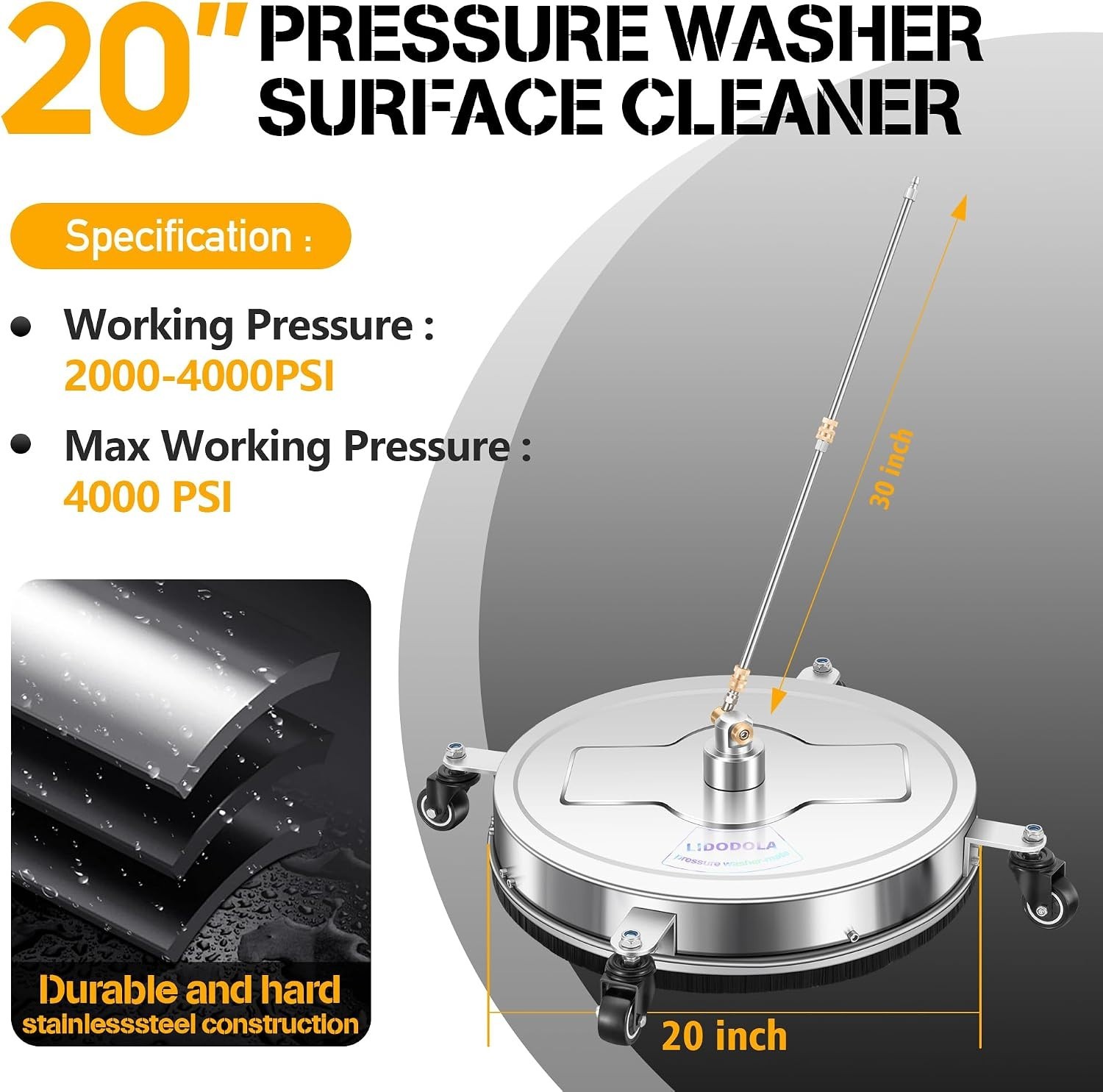 20” Stainless Steel Pressure Washer Surface Cleaner – Fast & Efficient Cleaning