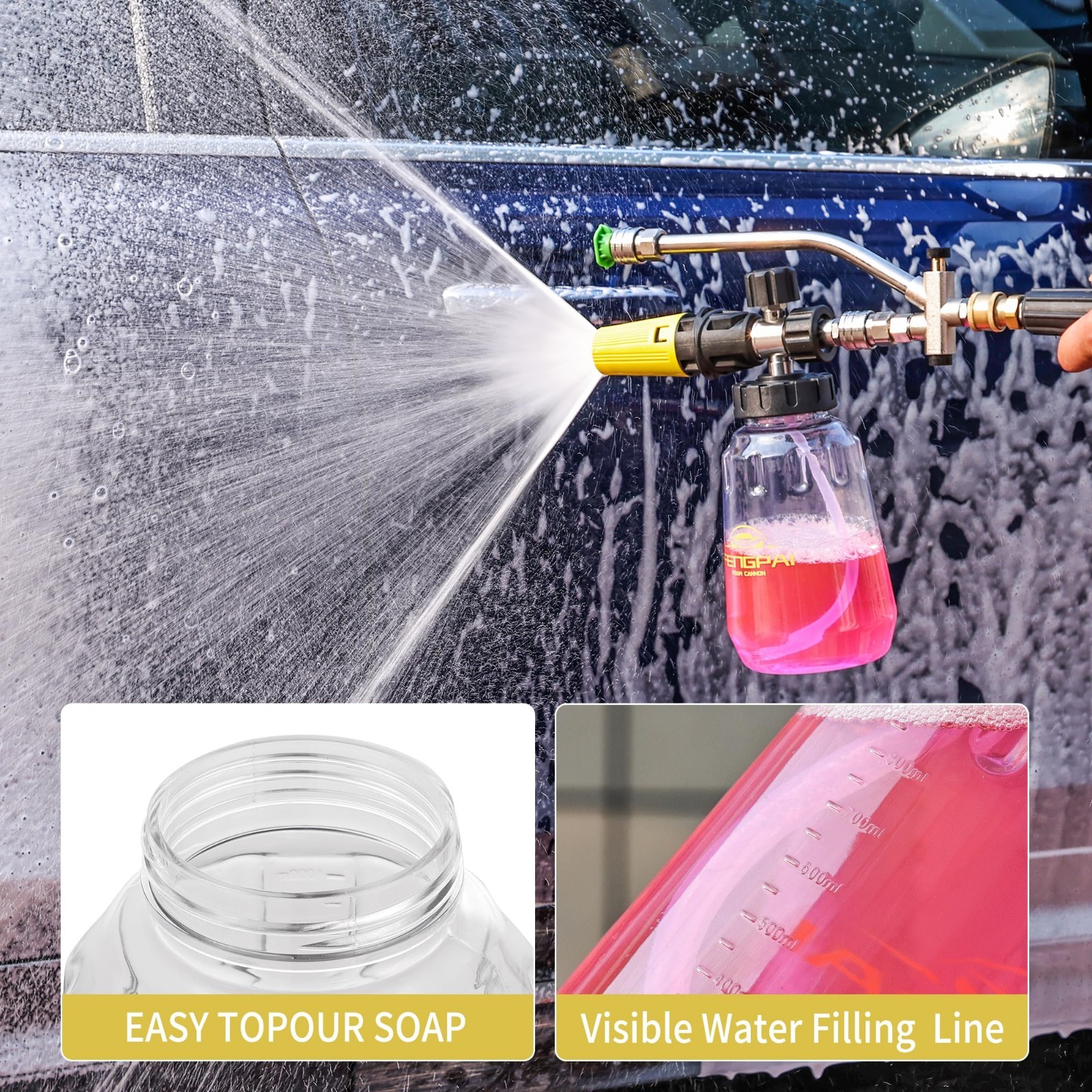 Pressure Washer Foam Cannon Kit – Dual Connector, 7 Nozzles, Adjustable Snow Foa