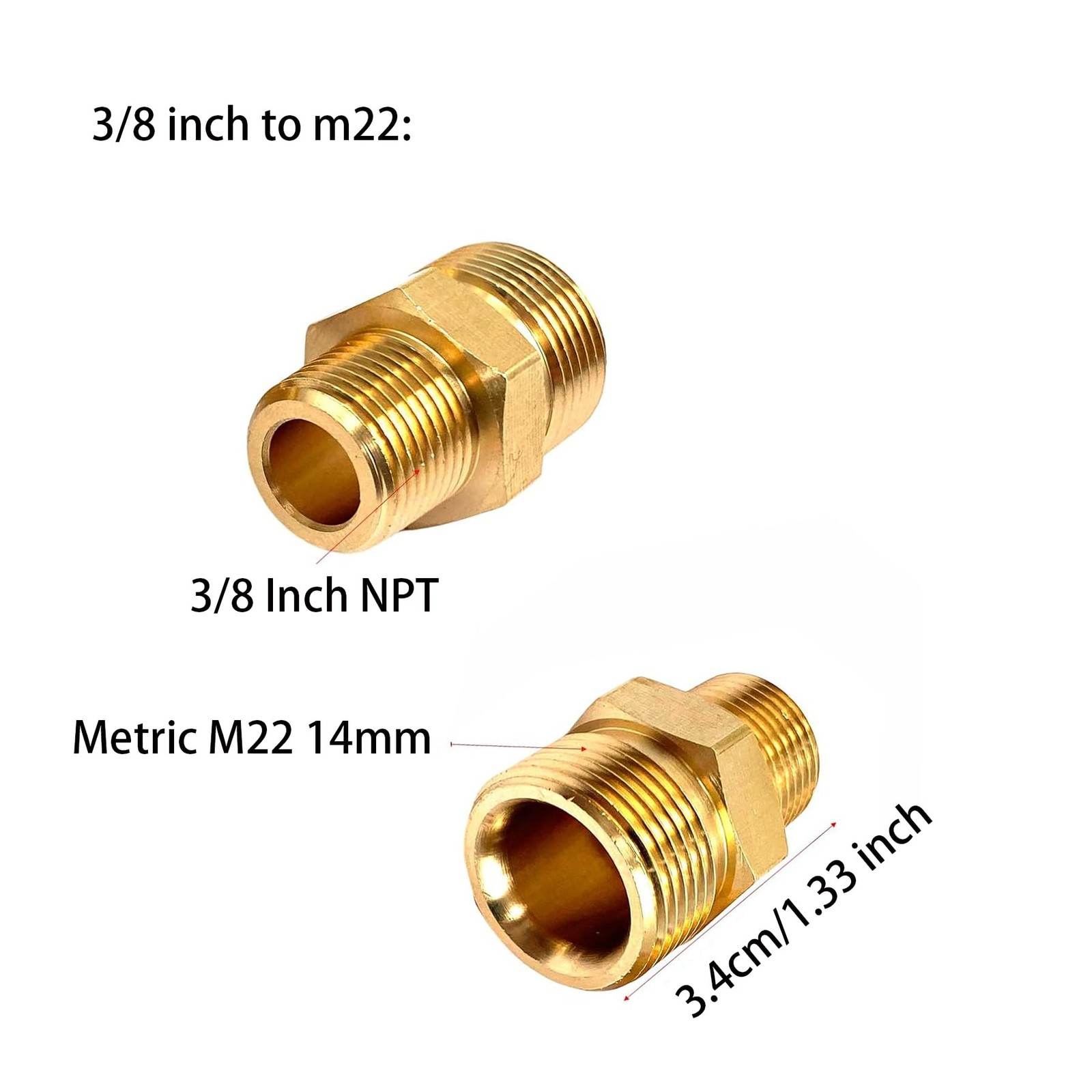 2 Pcs M22 Pressure Washer Fittings, Brass 3/8 Inch NPT Male to Metric M22 14m…
