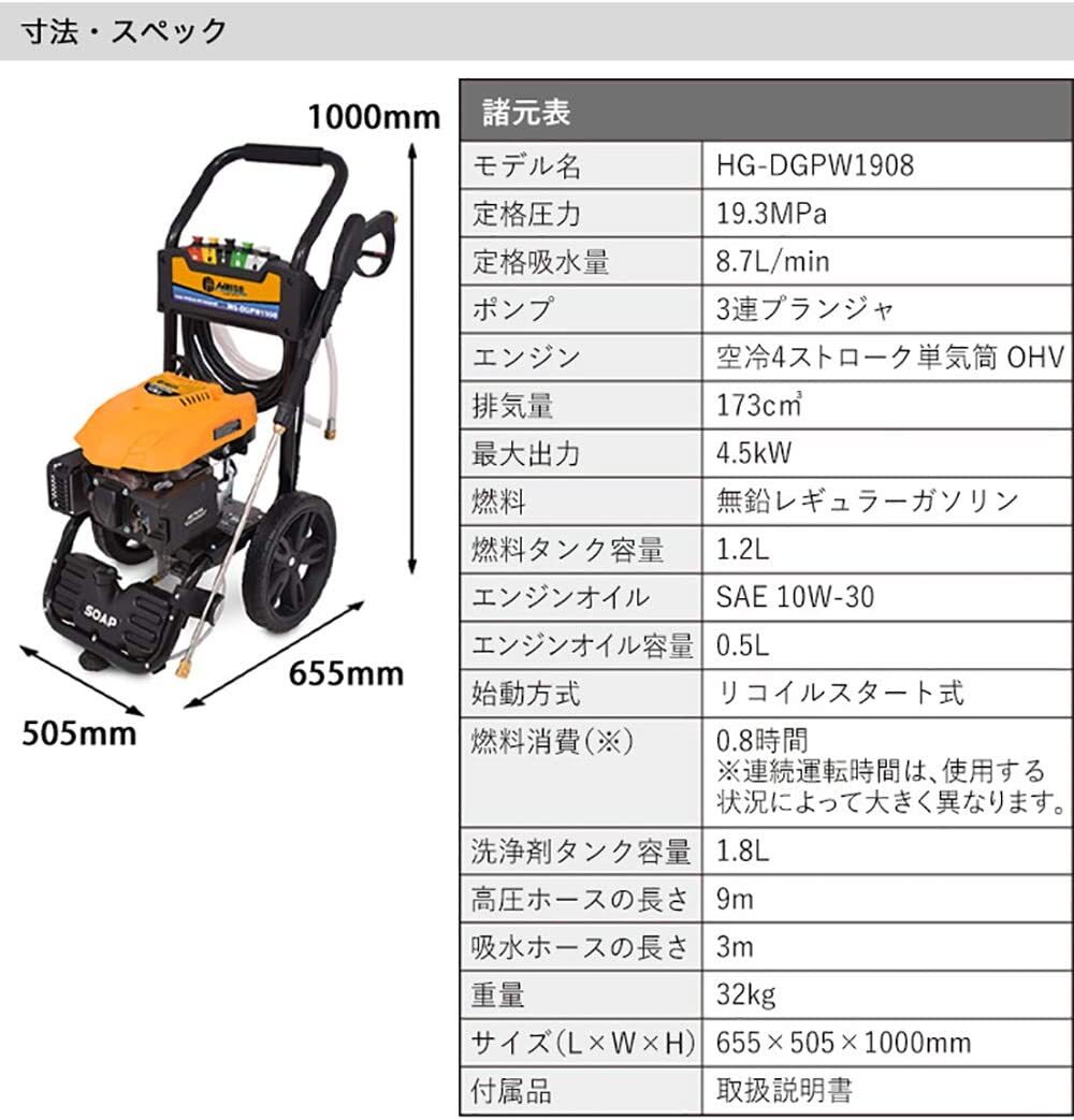 HAIGE Pressure Washer HG-DGPW1908 19.3MPa 173cc 4-Stroke Engine Type 2.5H Use