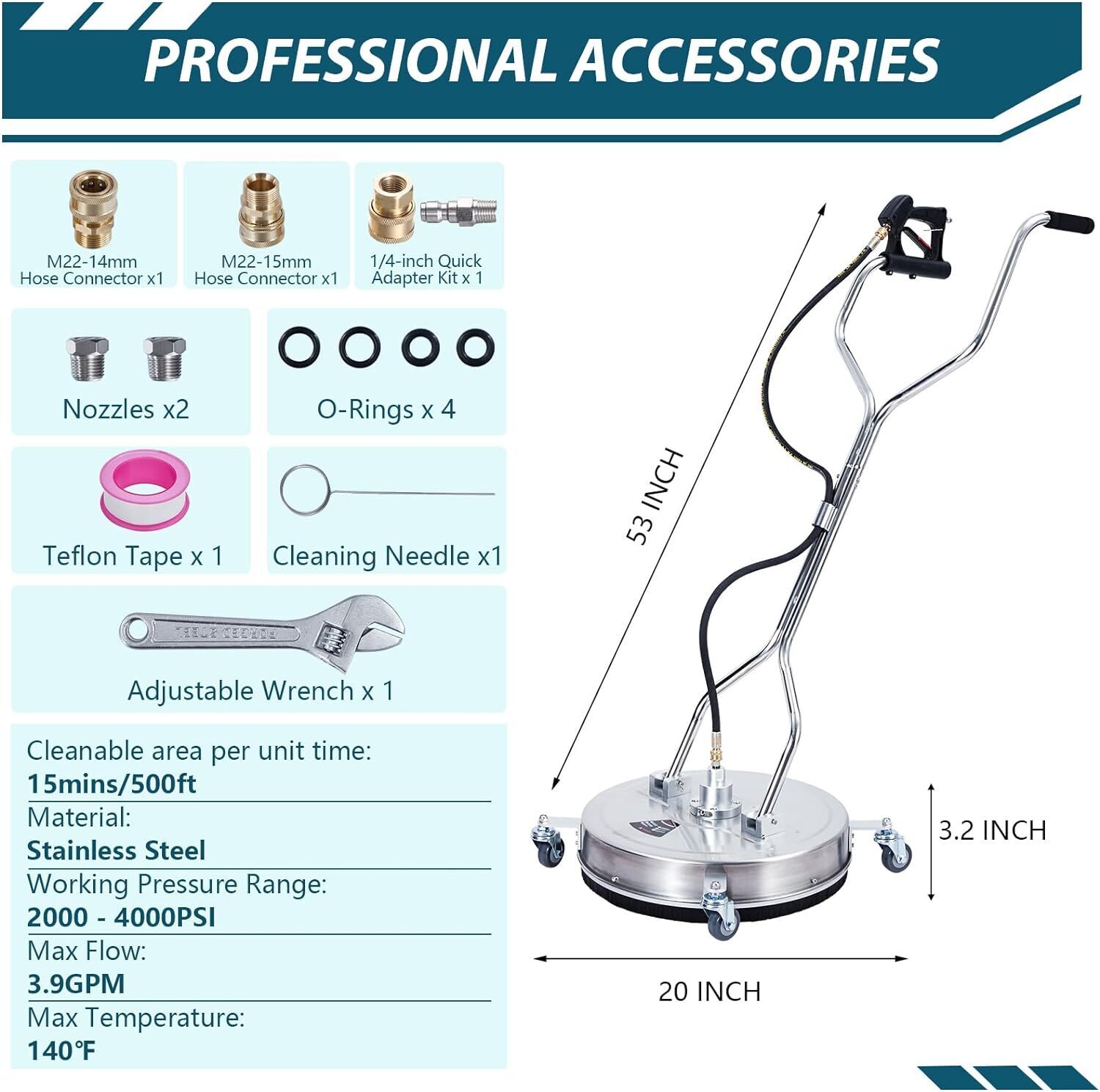 Surface Pressure Washer Stainless Steel Cleaner Attachment for Electric and Gas