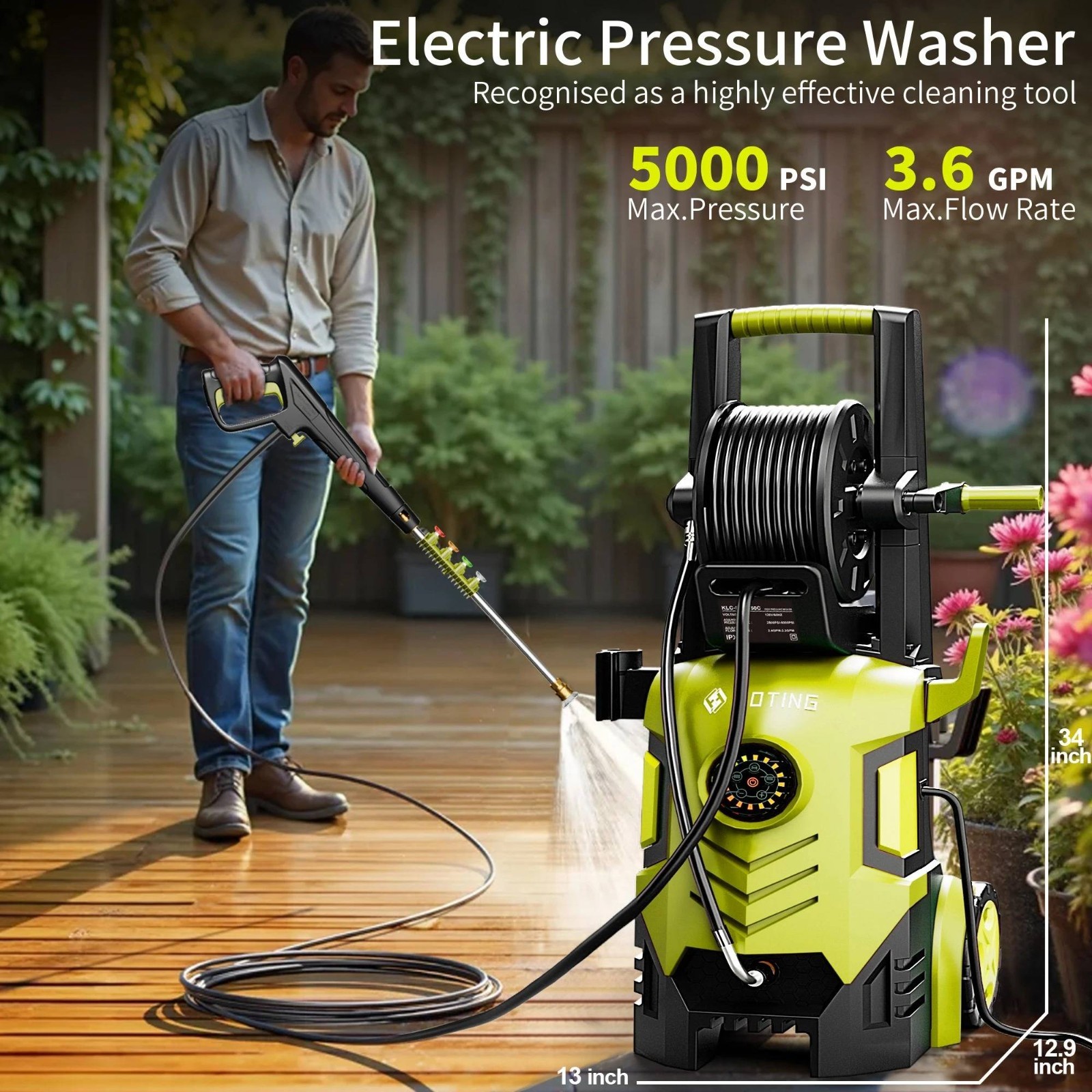 Pressure Washer 8-Level Touch Screen 34″ Tall 4 Nozzles 500ml Foam Cannon